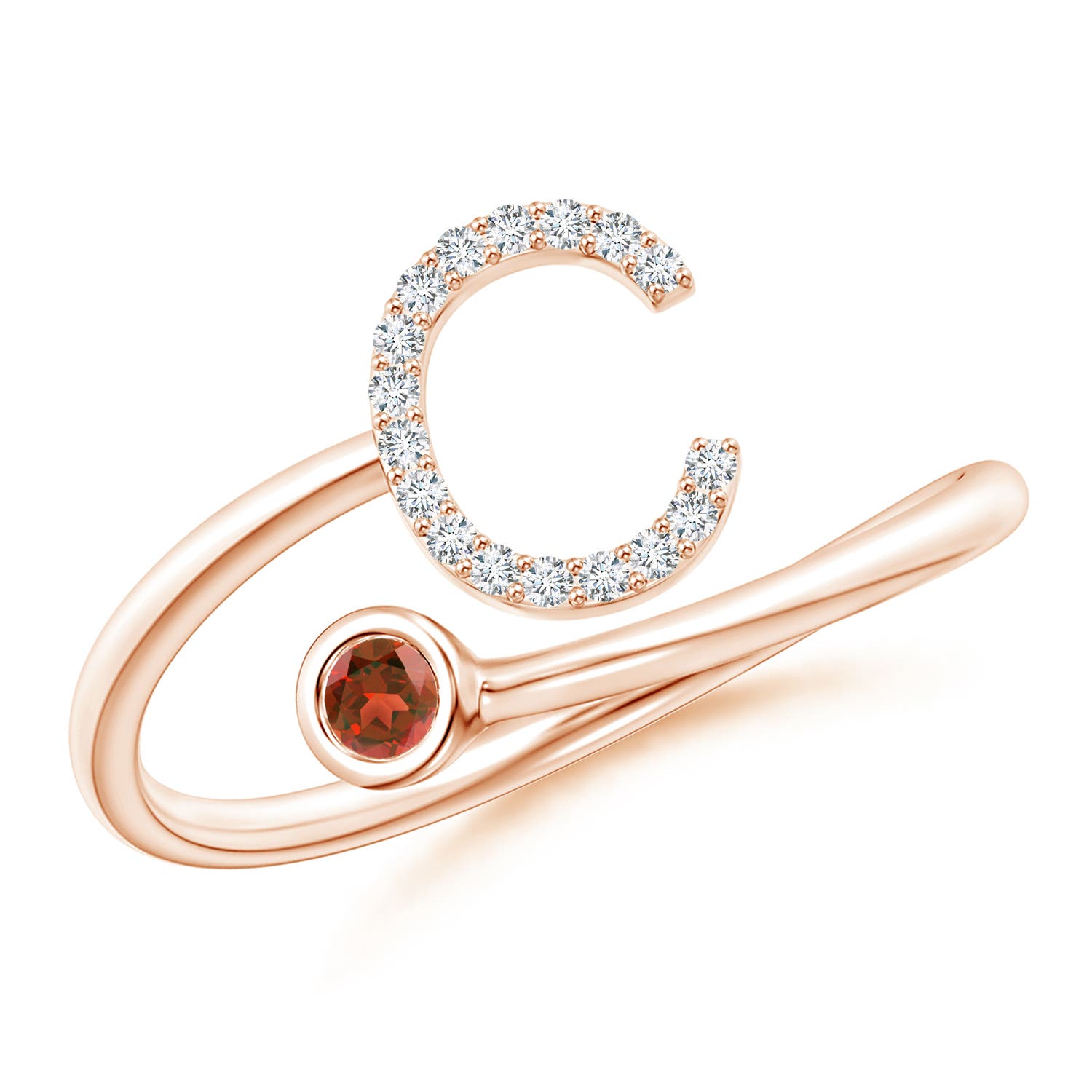 Capital C Diamond Initial Ring with Bezel-Set Garnet