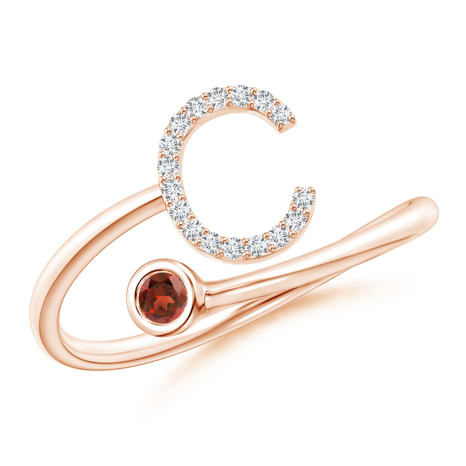 Capital C Diamond Initial Ring with Bezel-Set Garnet