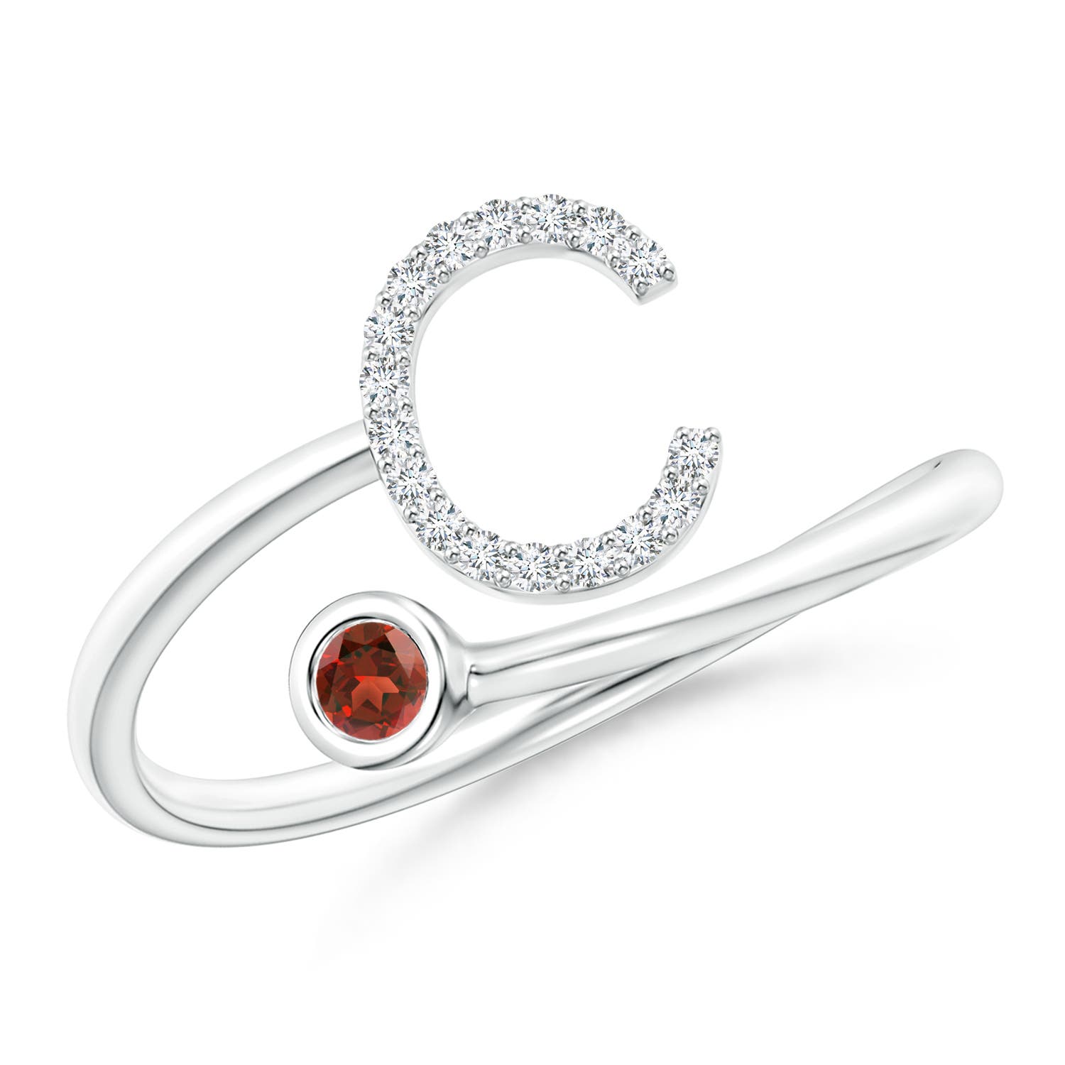 Capital C Diamond Initial Ring with Bezel-Set Garnet