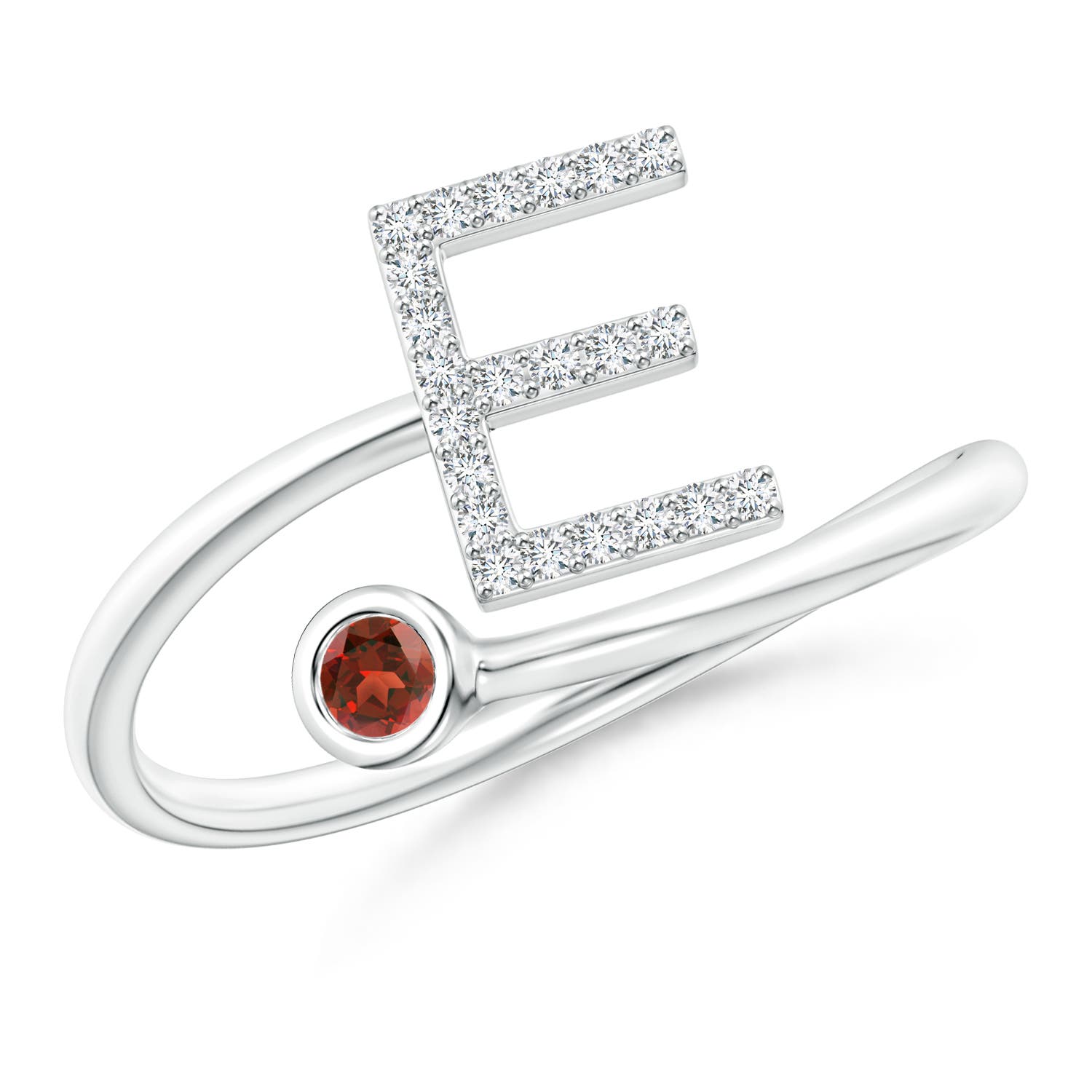 Capital E Diamond Initial Ring with Bezel-Set Garnet