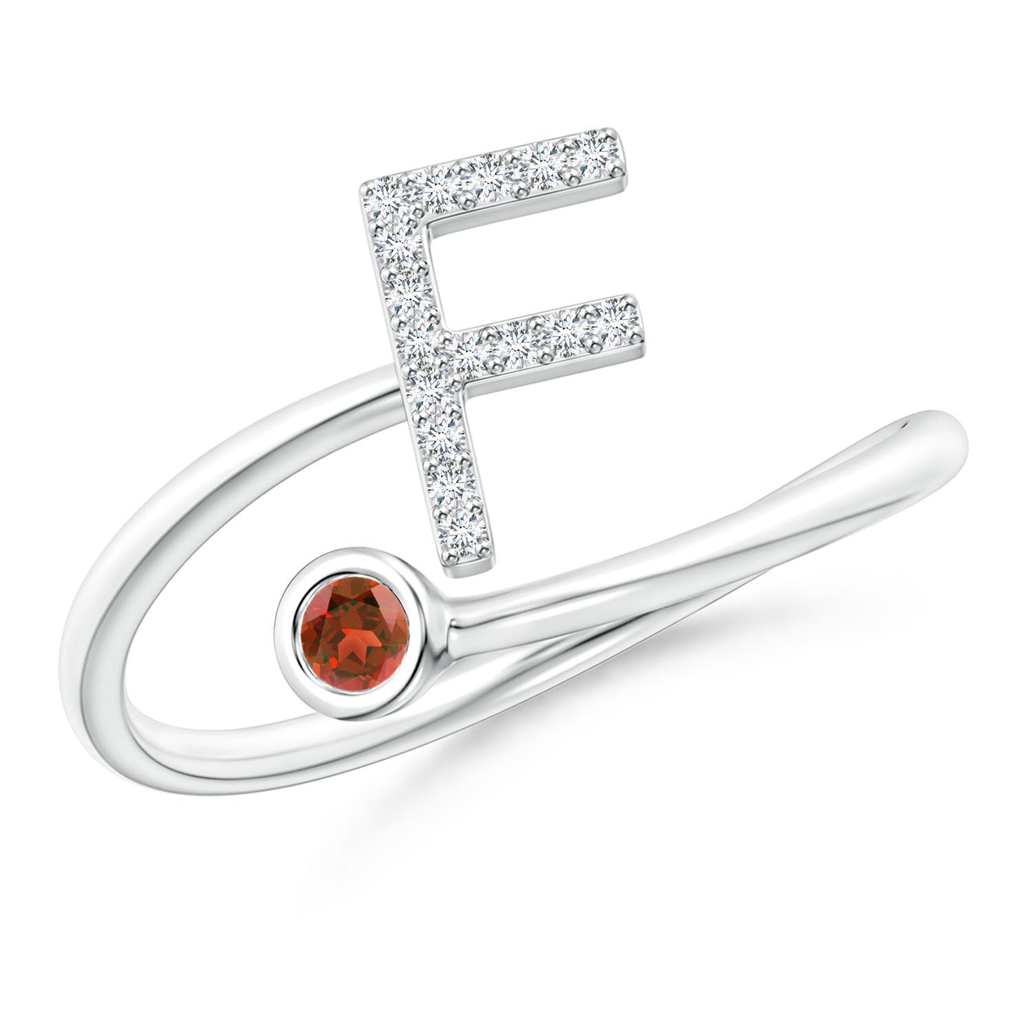 Capital F Diamond Initial Ring with Bezel-Set Garnet