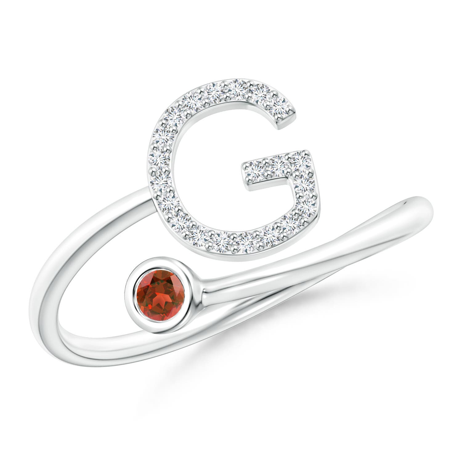 Capital G Diamond Initial Ring with Bezel-Set Garnet