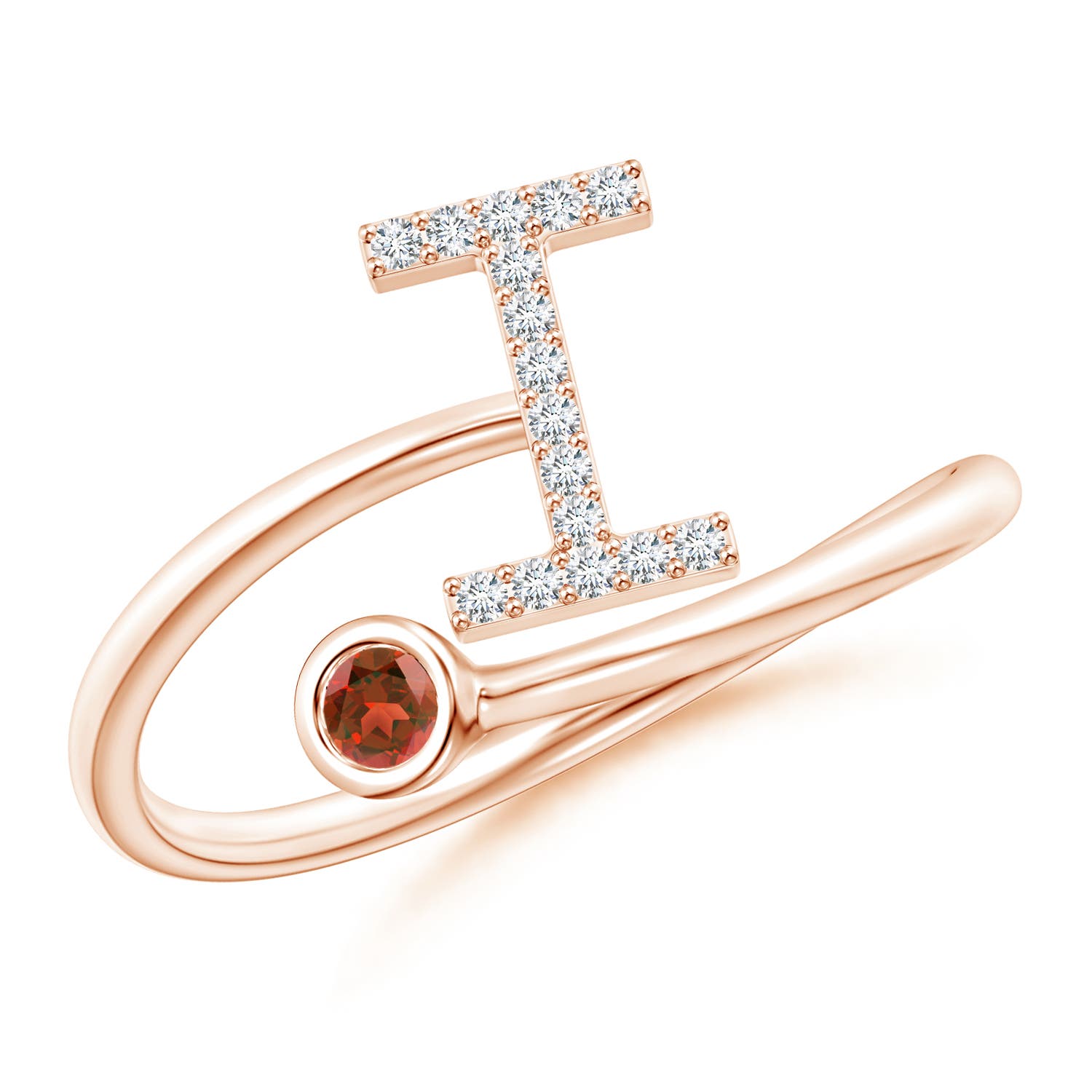 Capital I Diamond Initial Ring with Bezel-Set Garnet