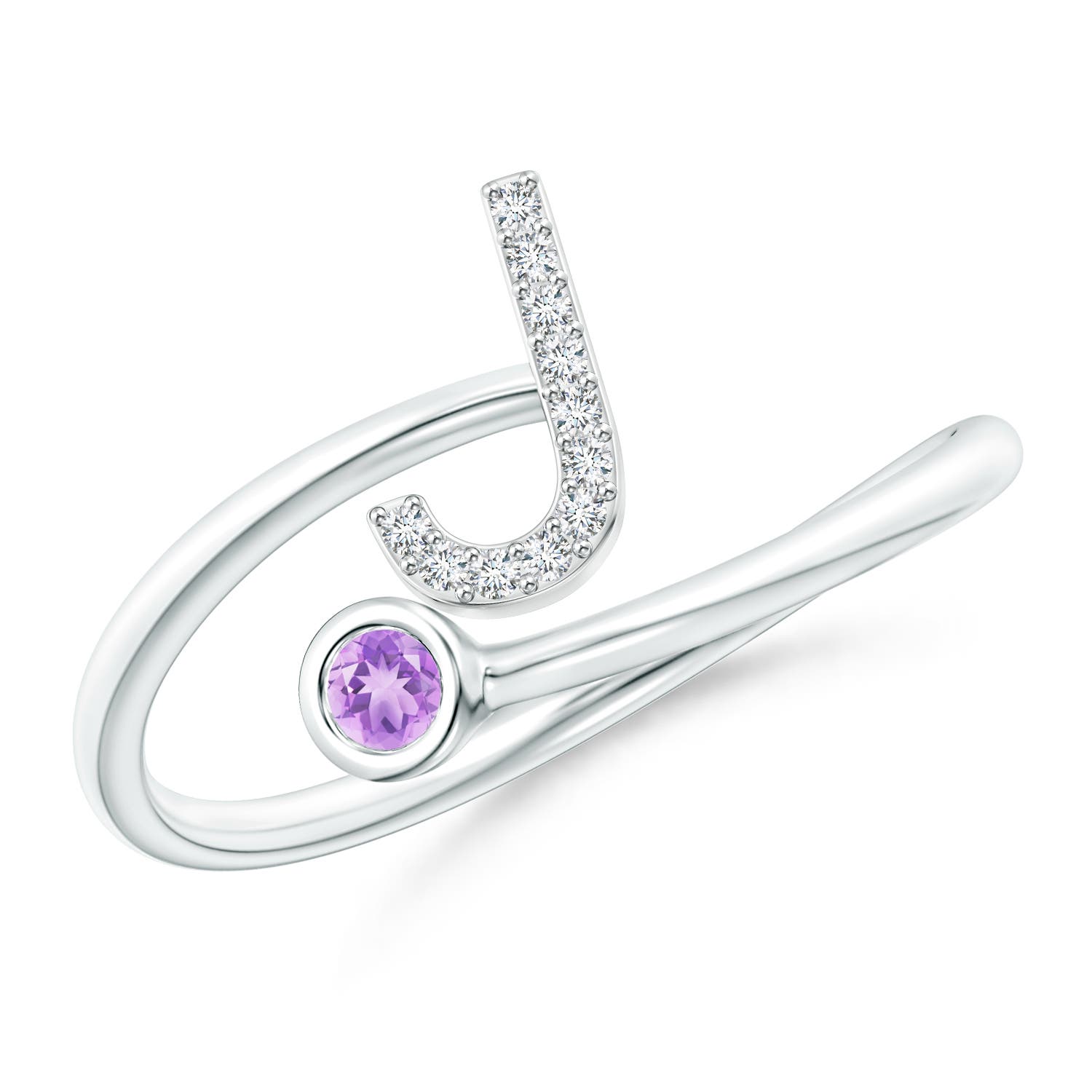 Capital J Diamond Initial Ring with Bezel-Set Amethyst