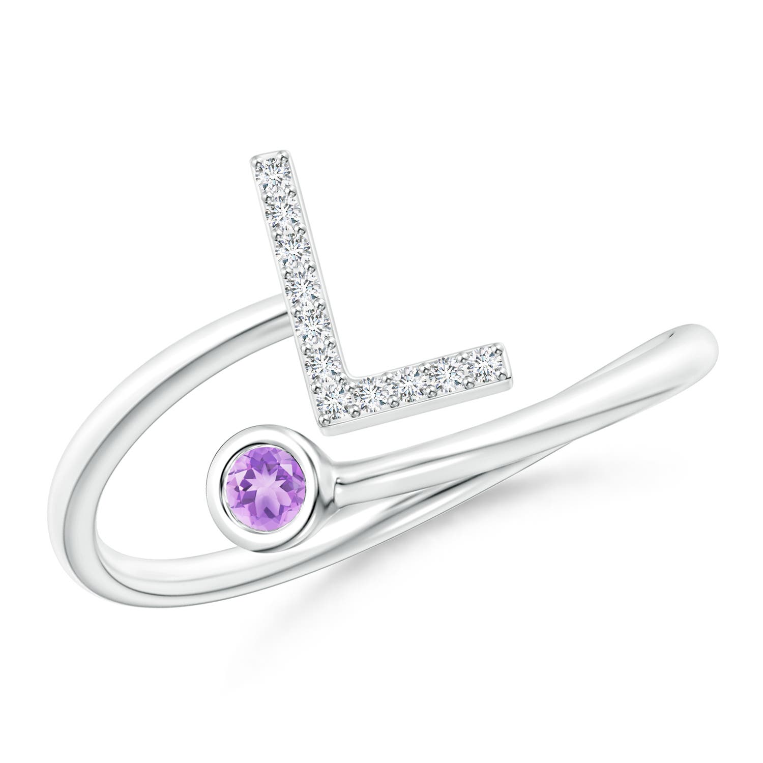 Capital L Diamond Initial Ring with Bezel-Set Amethyst
