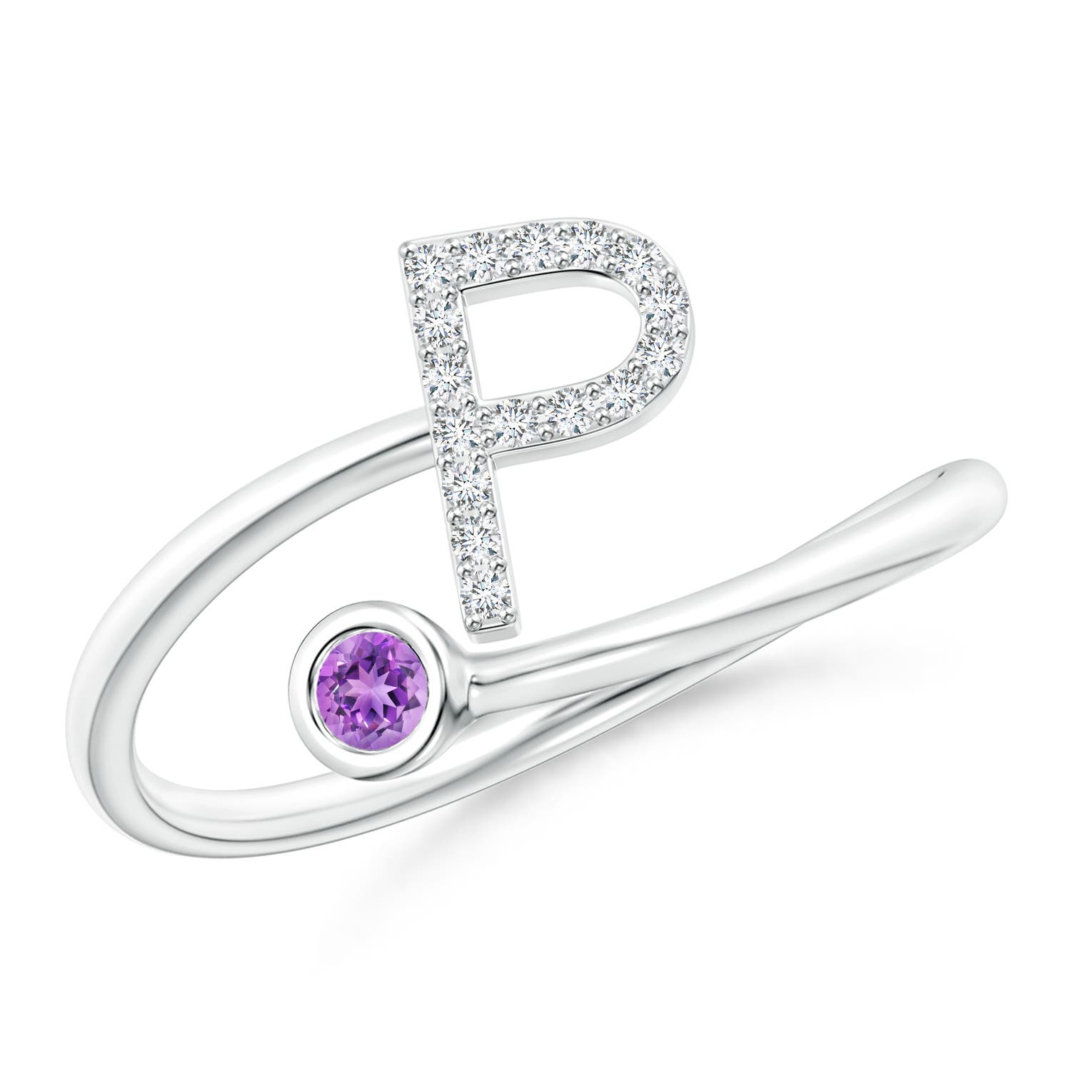 Capital P Diamond Initial Ring with Bezel-Set Amethyst