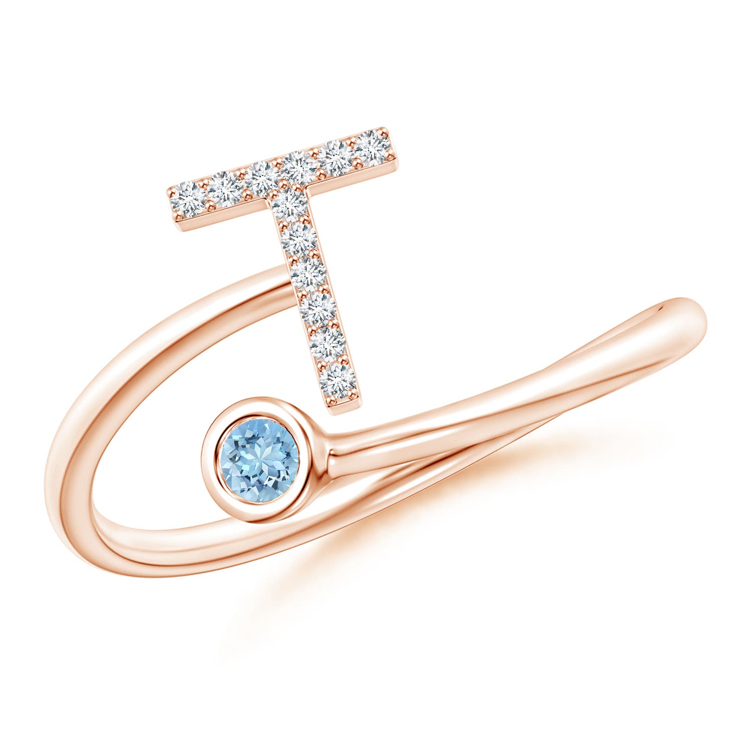 Capital T Diamond Initial Ring with Bezel-Set Aquamarine