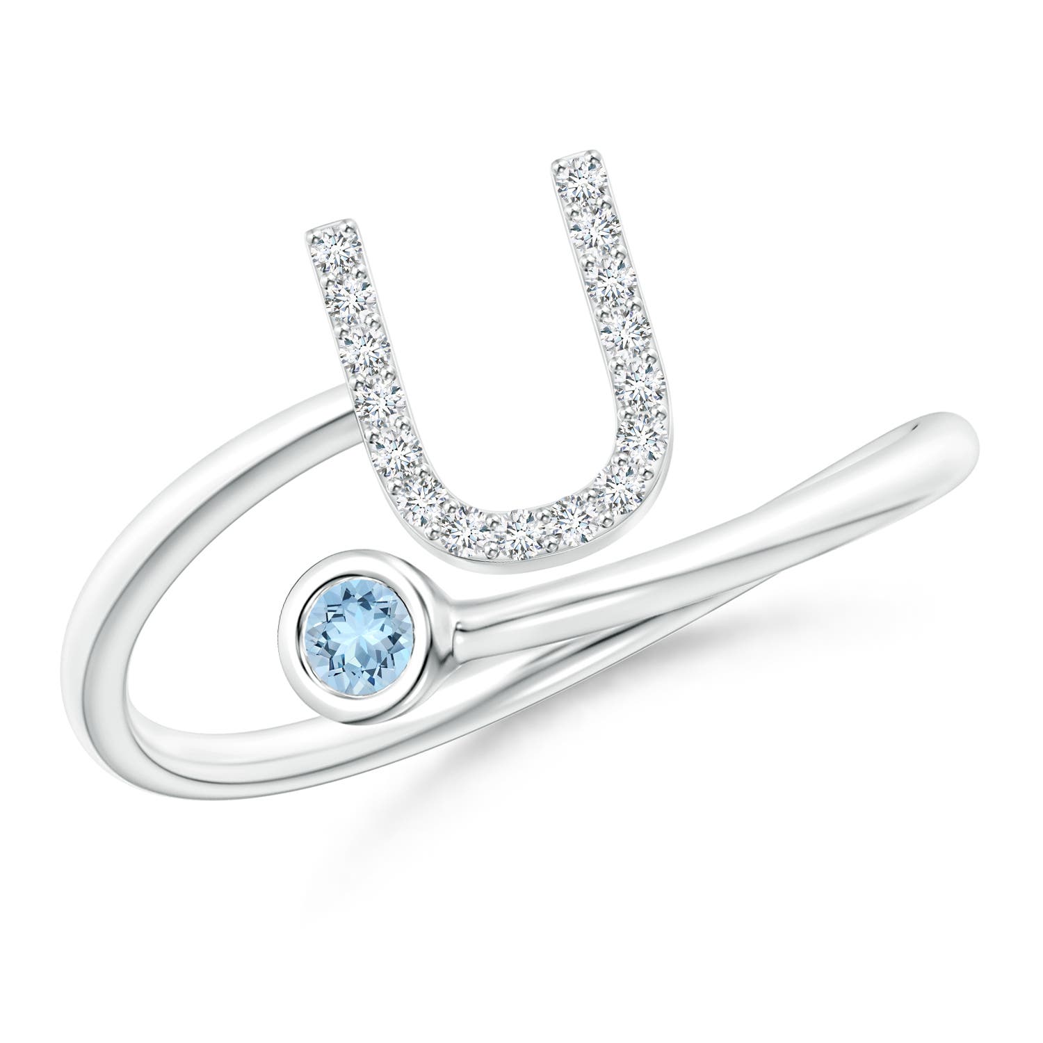 Capital U Diamond Initial Ring with Bezel-Set Aquamarine