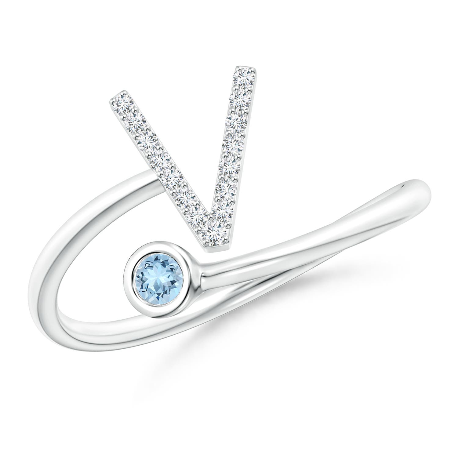 Capital V Diamond Initial Ring With Bezel Set Aquamarine Angara