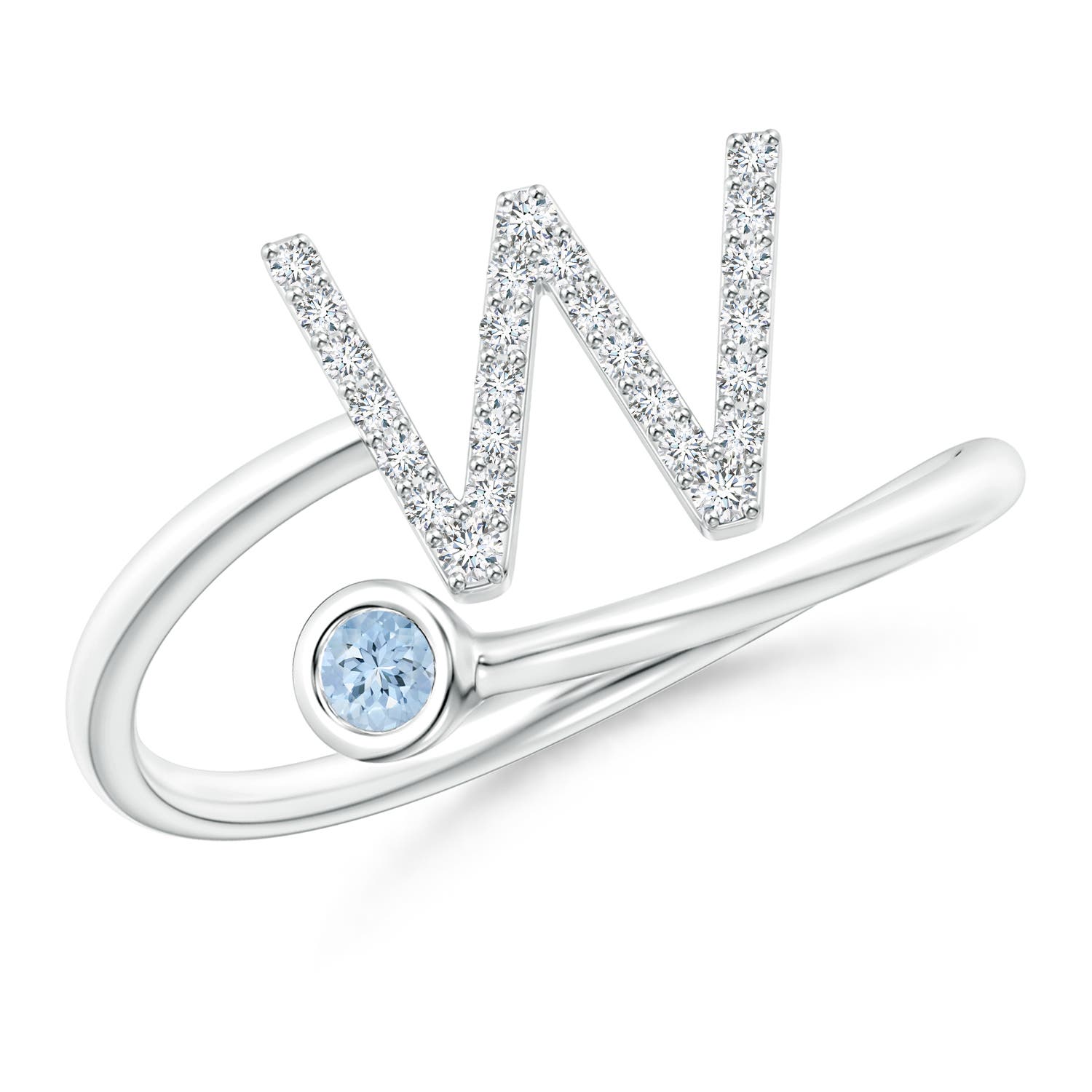 Capital W Diamond Initial Ring with Bezel-Set Aquamarine