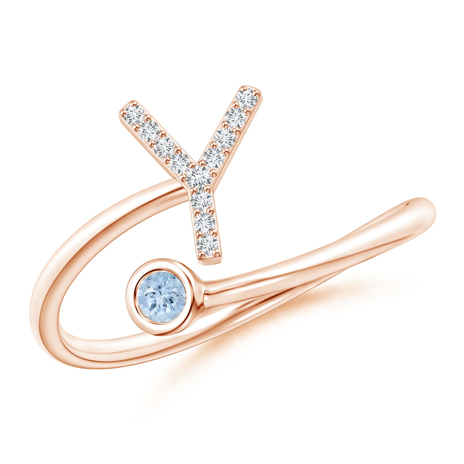 Capital Y Diamond Initial Ring with Bezel-Set Aquamarine