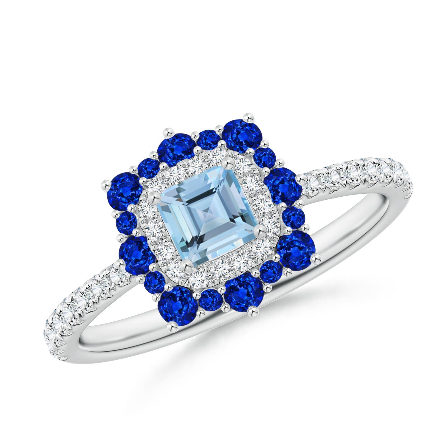 Square Aquamarine Two Tone Ring with Ornate Double Halo