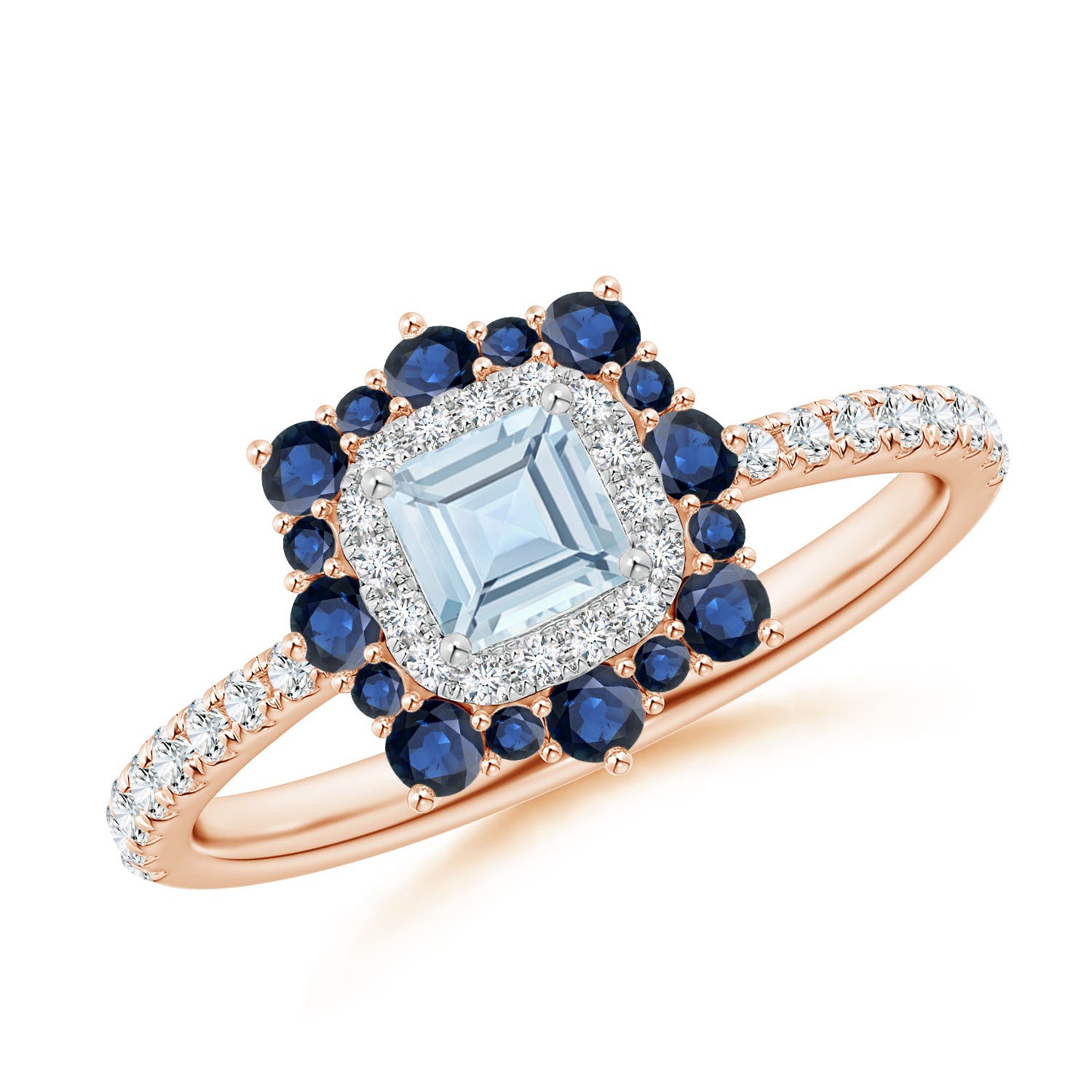 Square Aquamarine Two Tone Ring with Ornate Double Halo