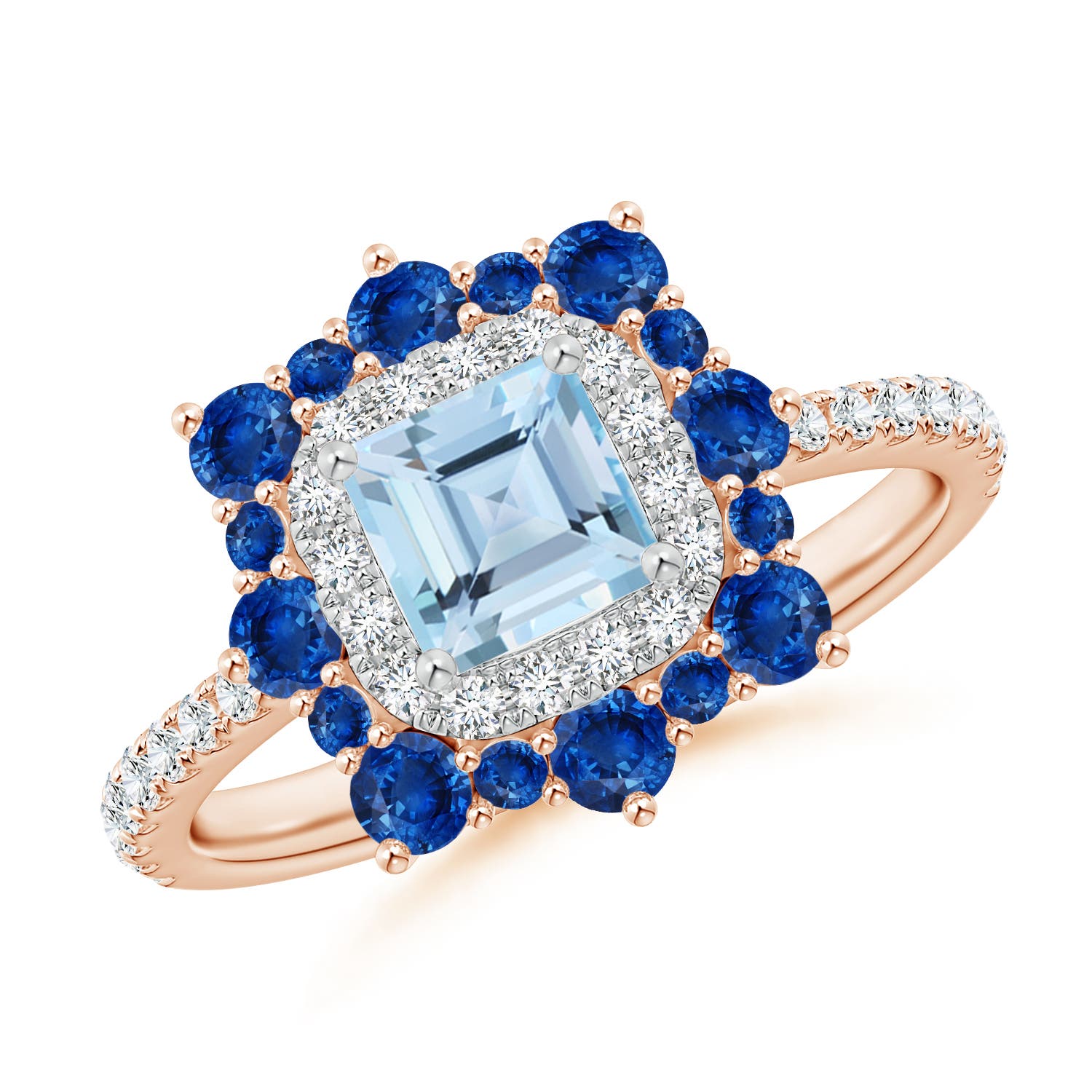 Square Aquamarine Two Tone Ring with Ornate Double Halo