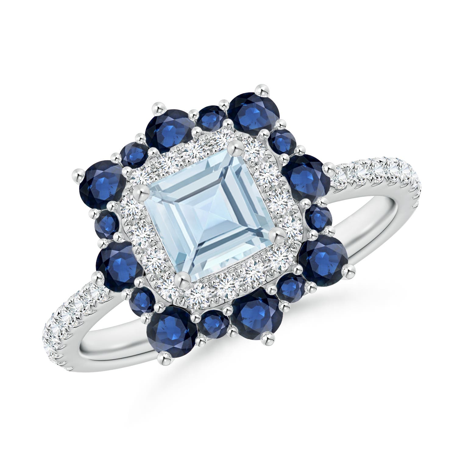 Square Aquamarine Two Tone Ring with Ornate Double Halo