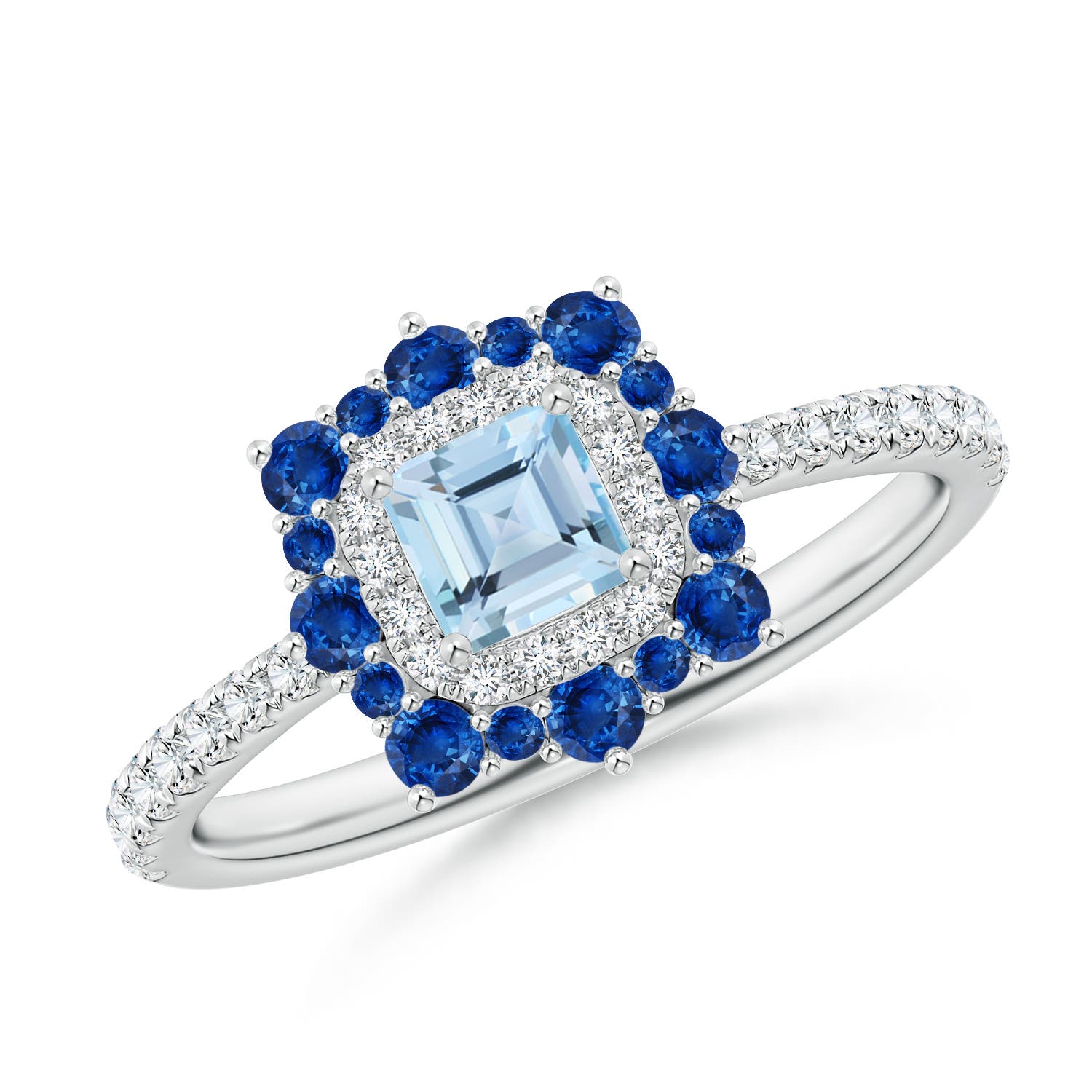 Square Aquamarine Two Tone Ring with Ornate Double Halo