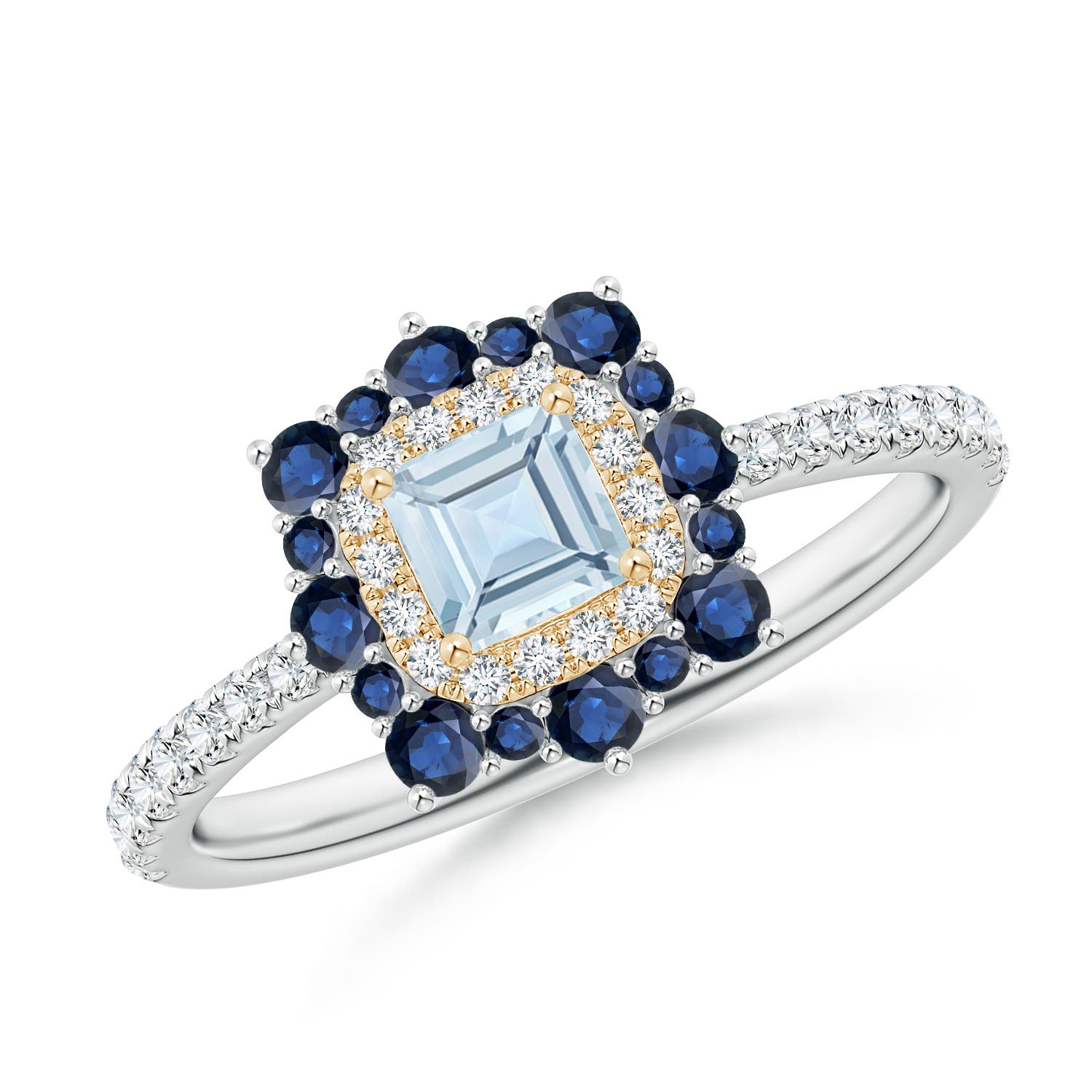 Square Aquamarine Two Tone Ring with Ornate Double Halo