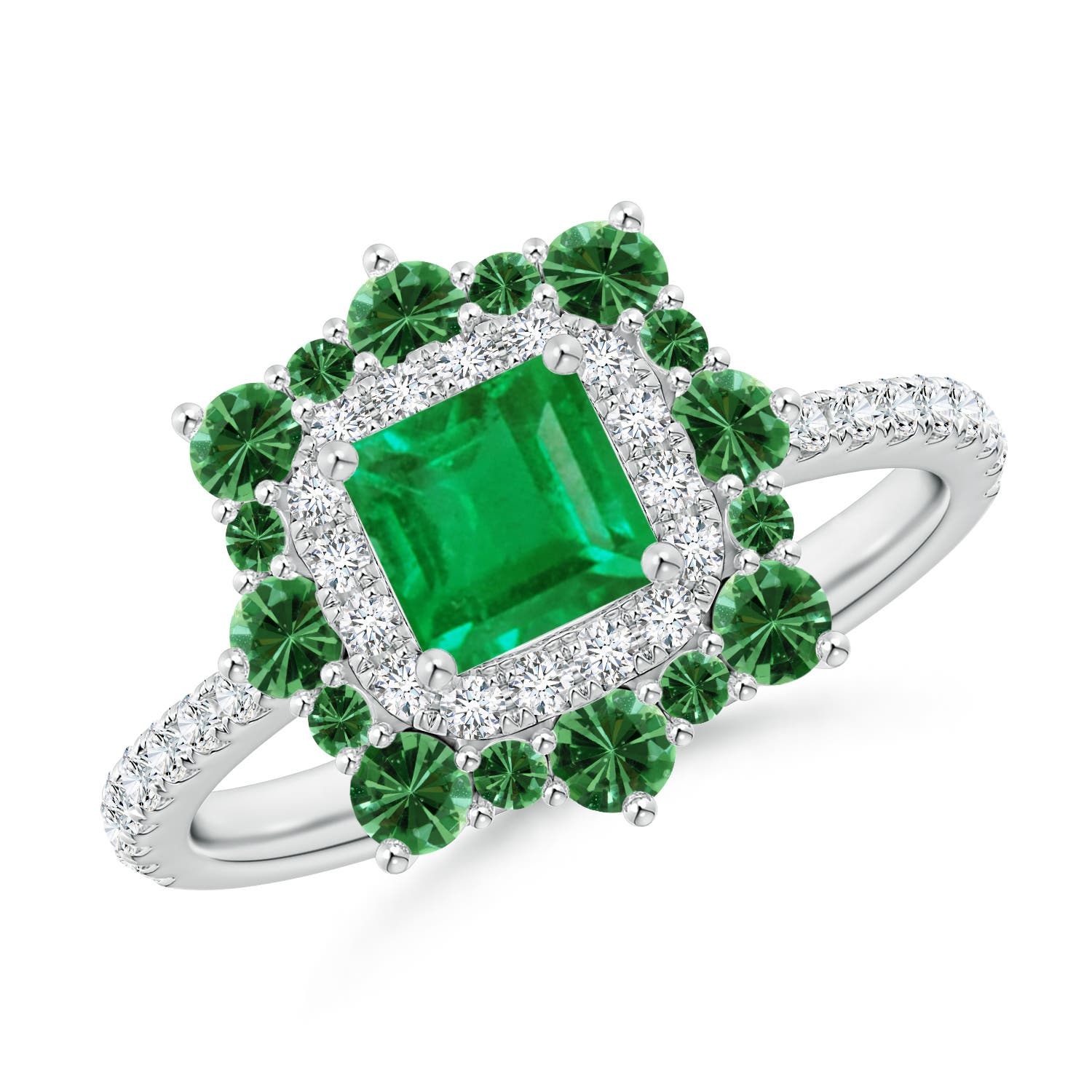 Square Emerald Two Tone Ring with Ornate Double Halo