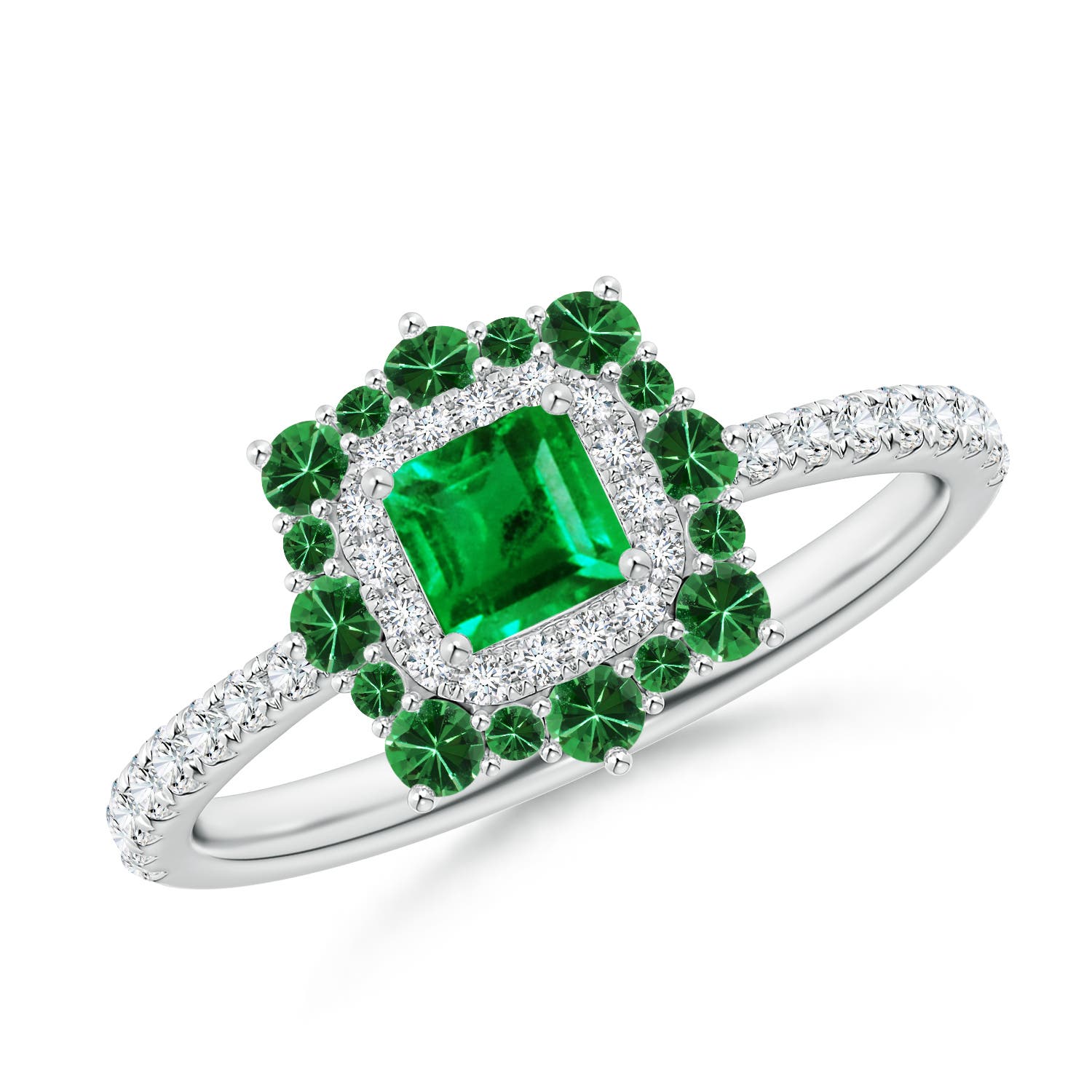 Square Emerald Two Tone Ring with Ornate Double Halo