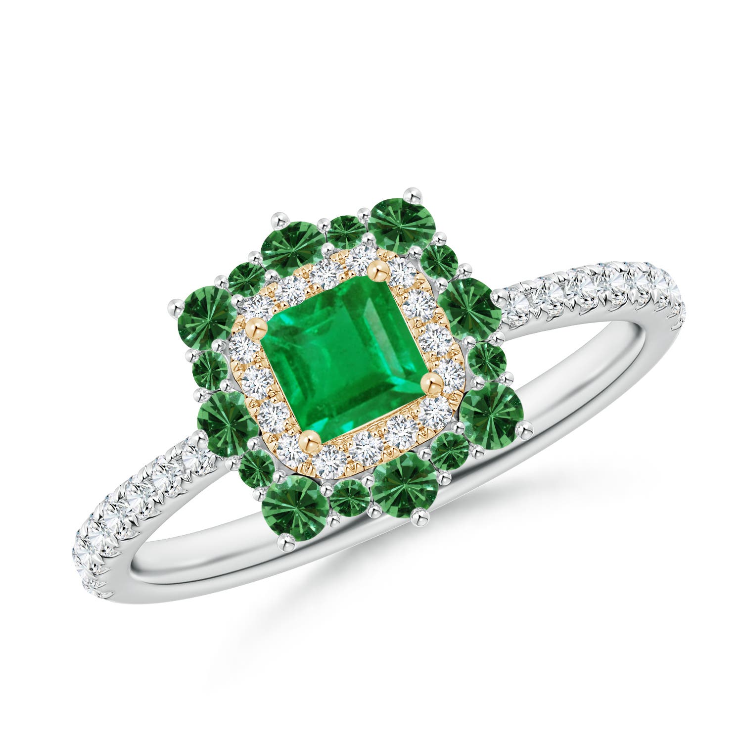 Square Emerald Two Tone Ring with Ornate Double Halo