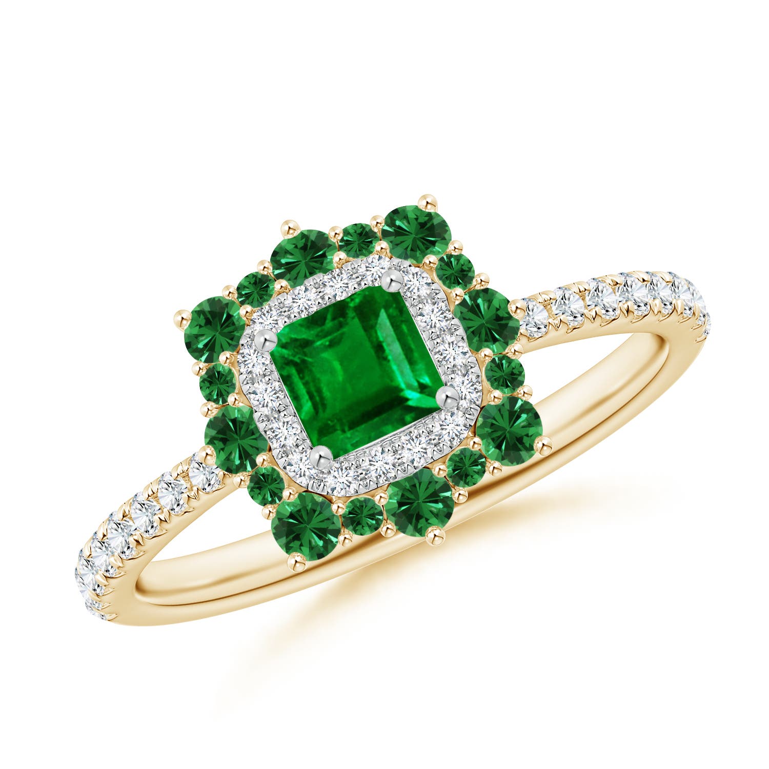 Square Emerald Two Tone Ring with Ornate Double Halo