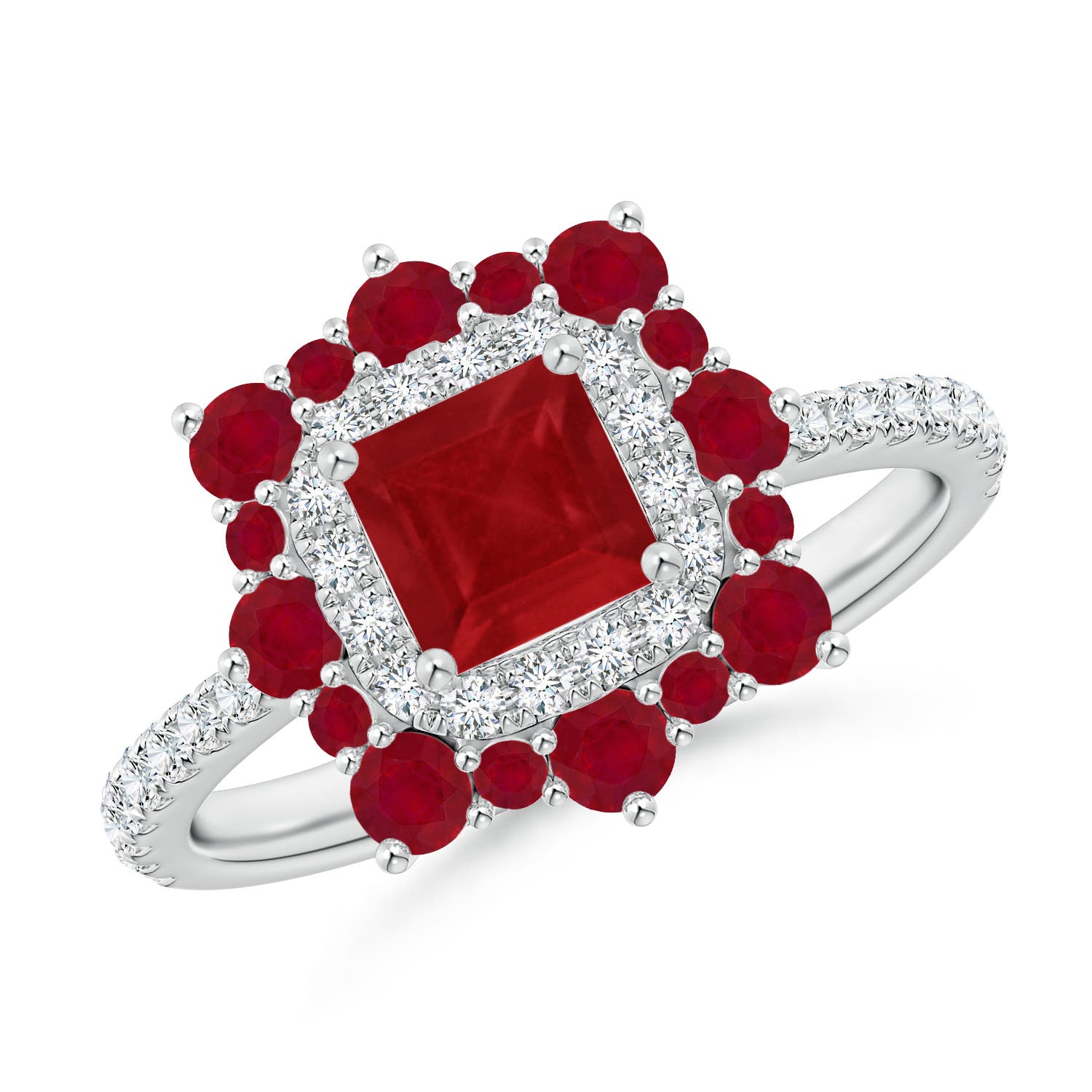 Square Ruby Two Tone Ring with Ornate Double Halo