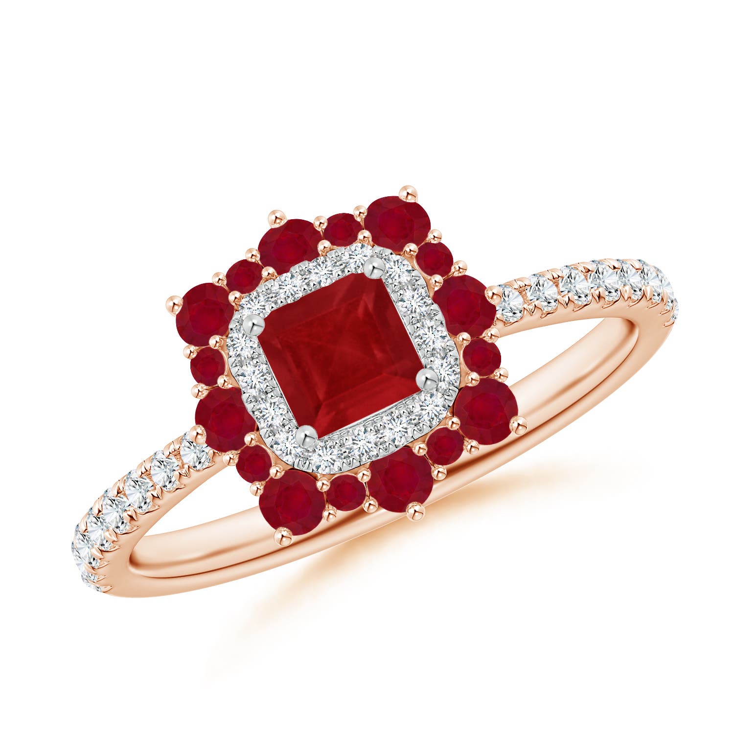 Square Ruby Two Tone Ring with Ornate Double Halo