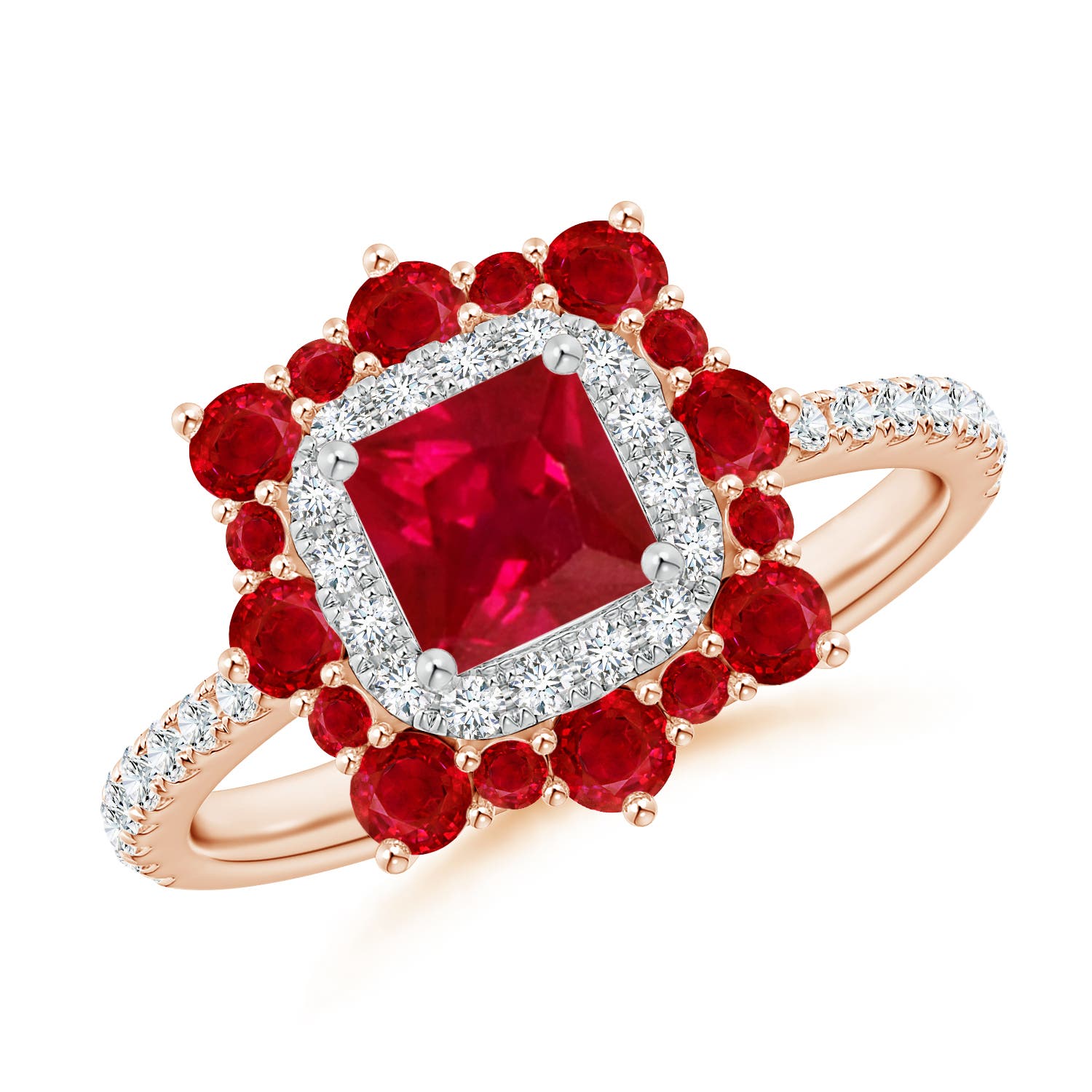 Square Ruby Two Tone Ring with Ornate Double Halo