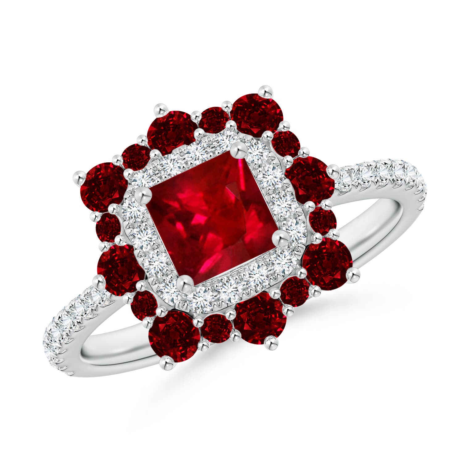 Square Ruby Two Tone Ring with Ornate Double Halo
