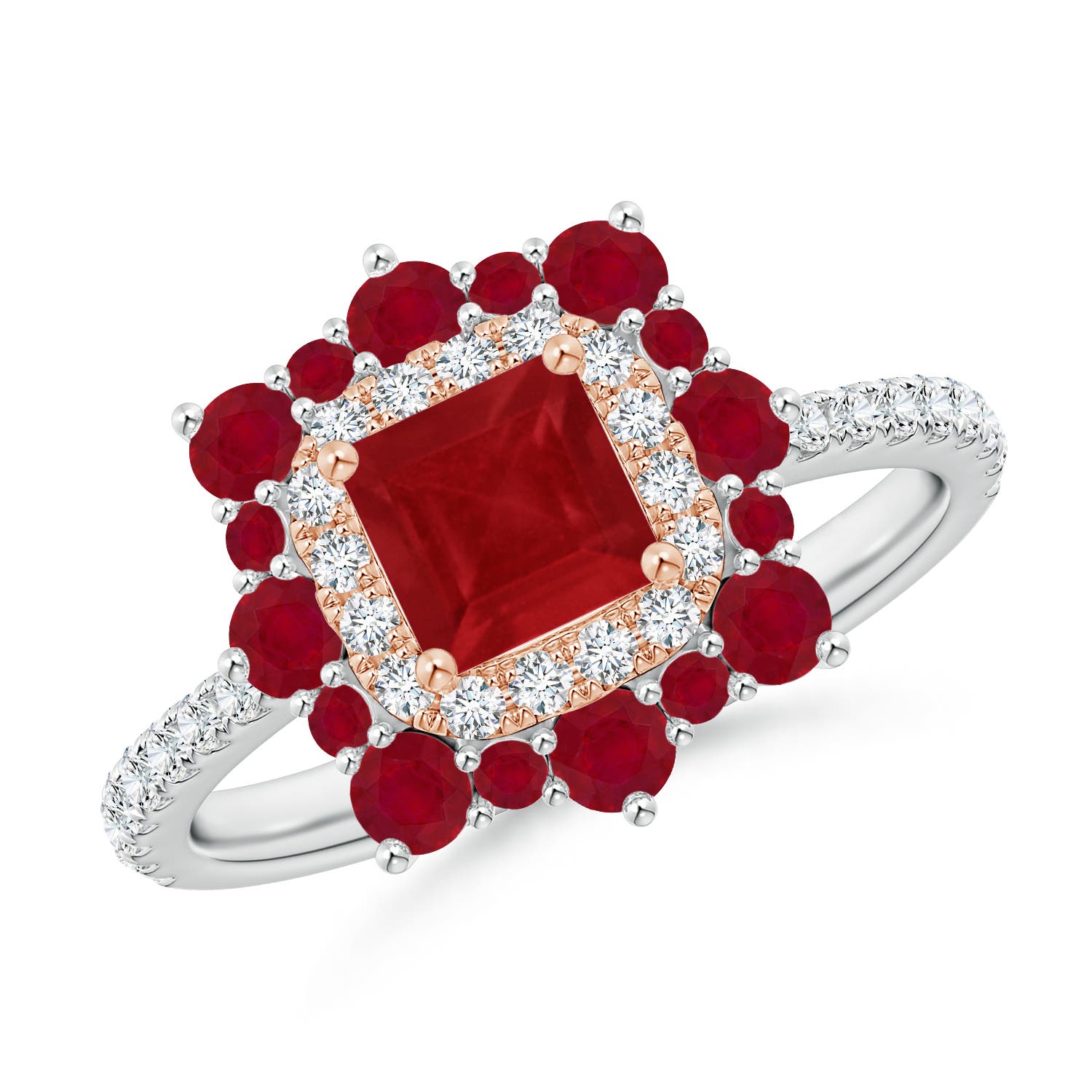 Square Ruby Two Tone Ring with Ornate Double Halo