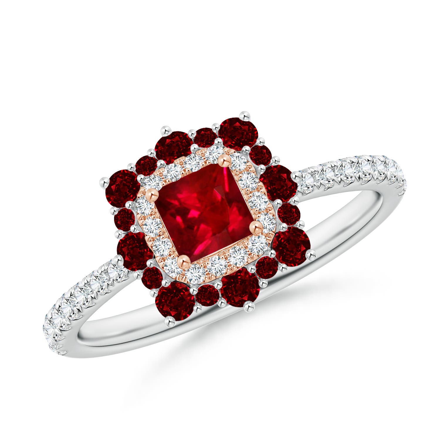 Square Ruby Two Tone Ring with Ornate Double Halo