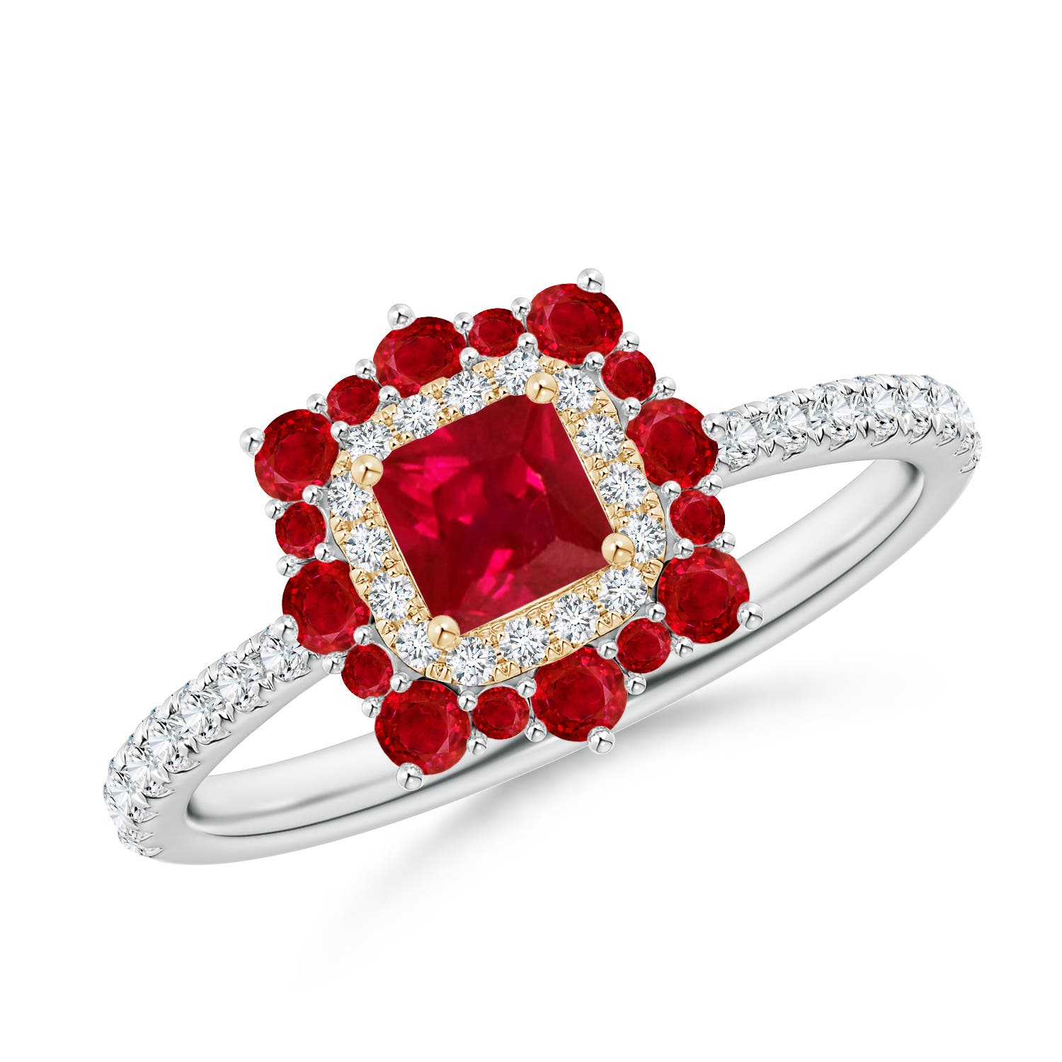 Square Ruby Two Tone Ring with Ornate Double Halo