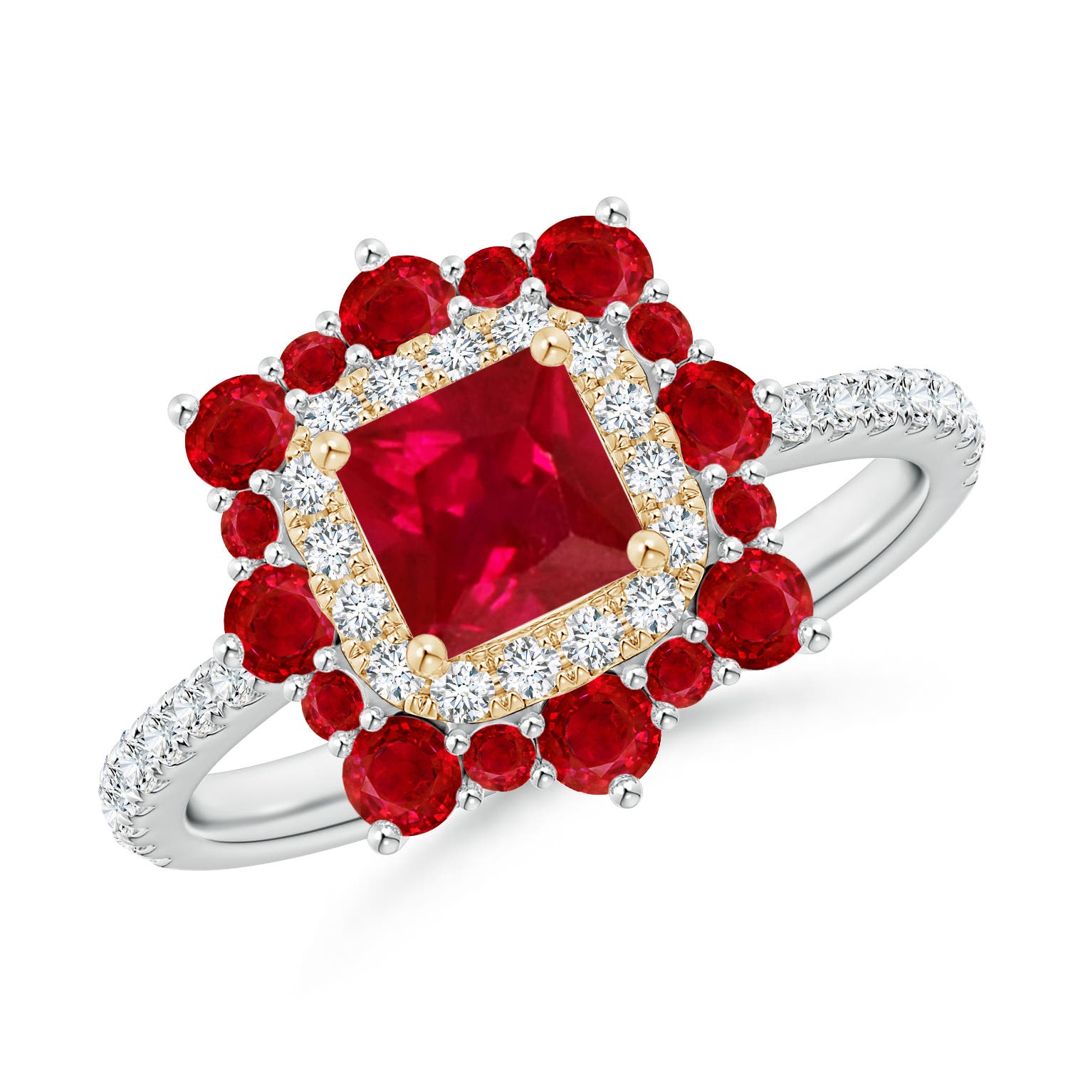 Square Ruby Two Tone Ring with Ornate Double Halo