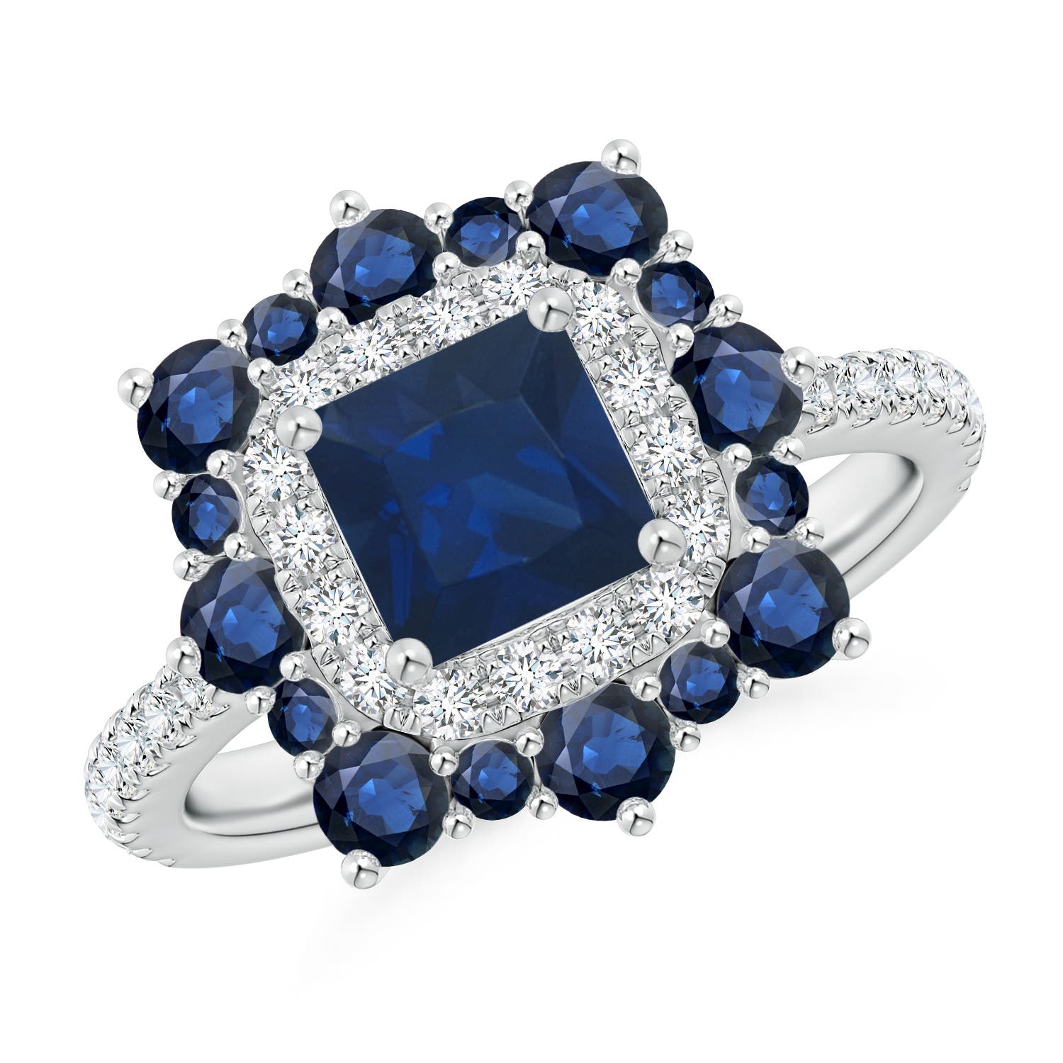 Square Sapphire Two Tone Ring with Ornate Double Halo