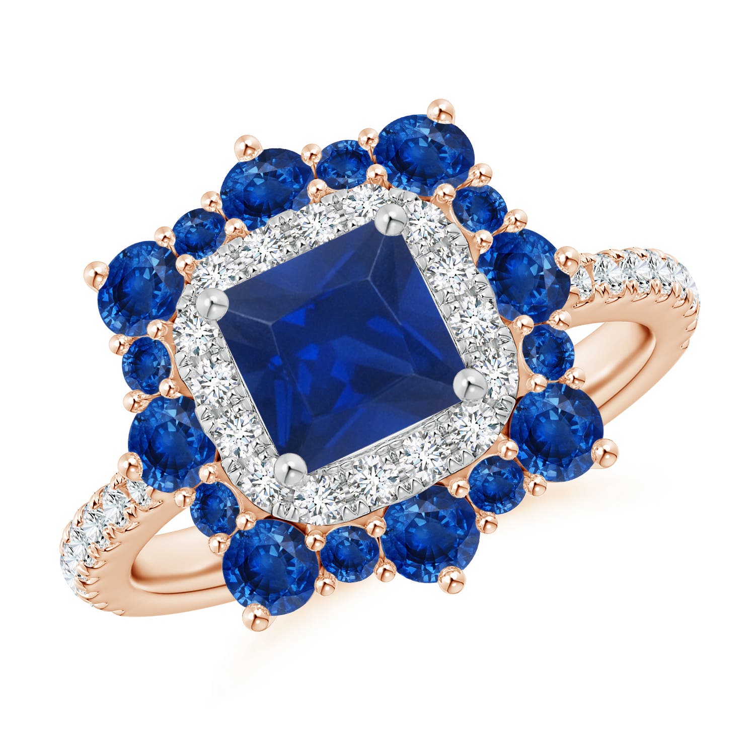 Square Sapphire Two Tone Ring with Ornate Double Halo