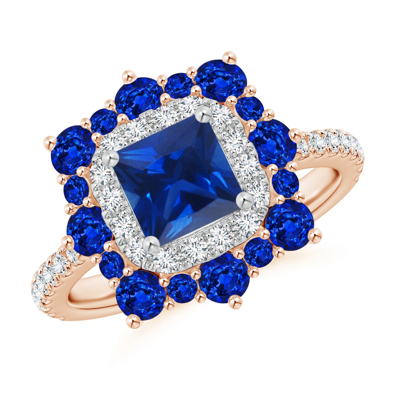 Square Sapphire Two Tone Ring with Ornate Double Halo