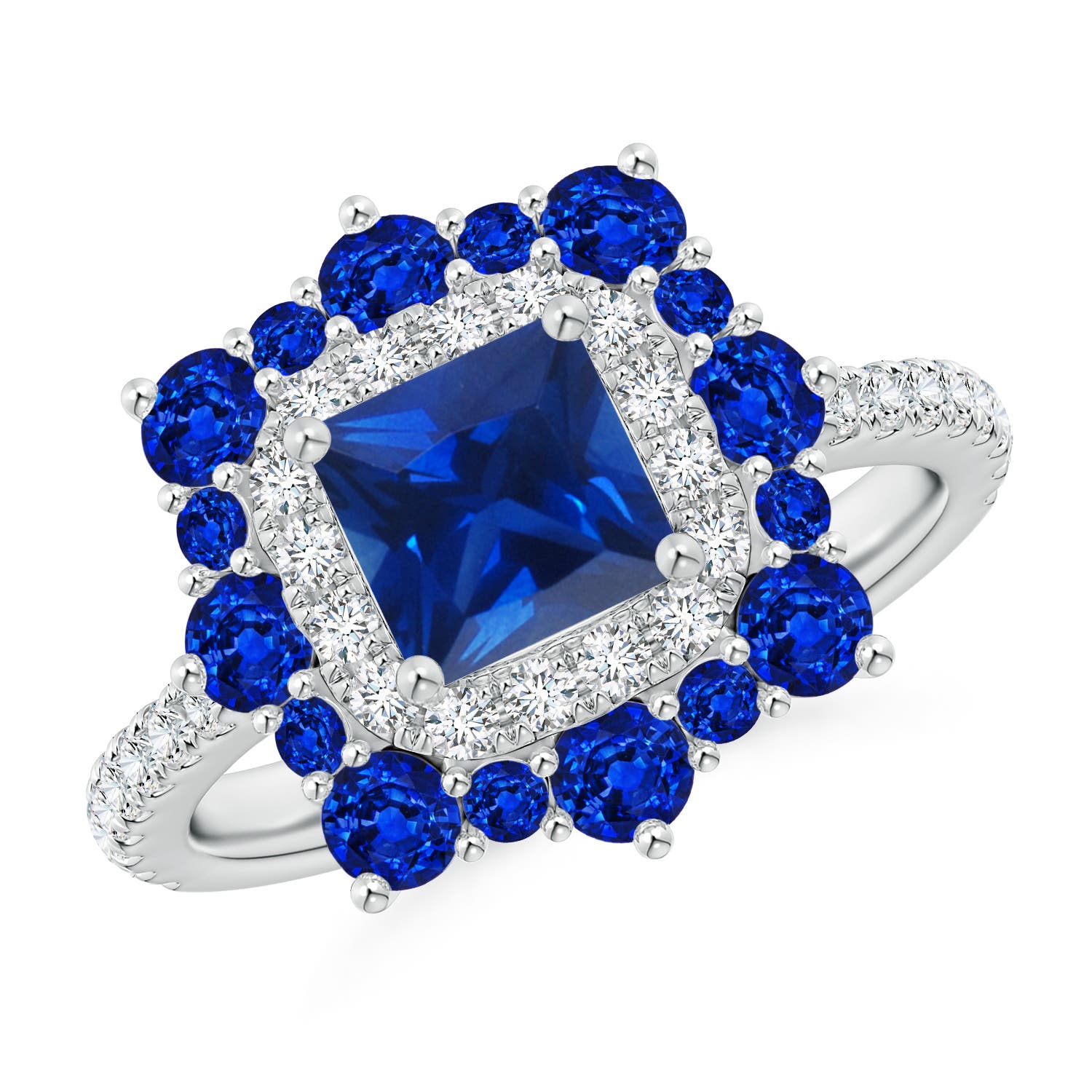 Square Sapphire Two Tone Ring with Ornate Double Halo
