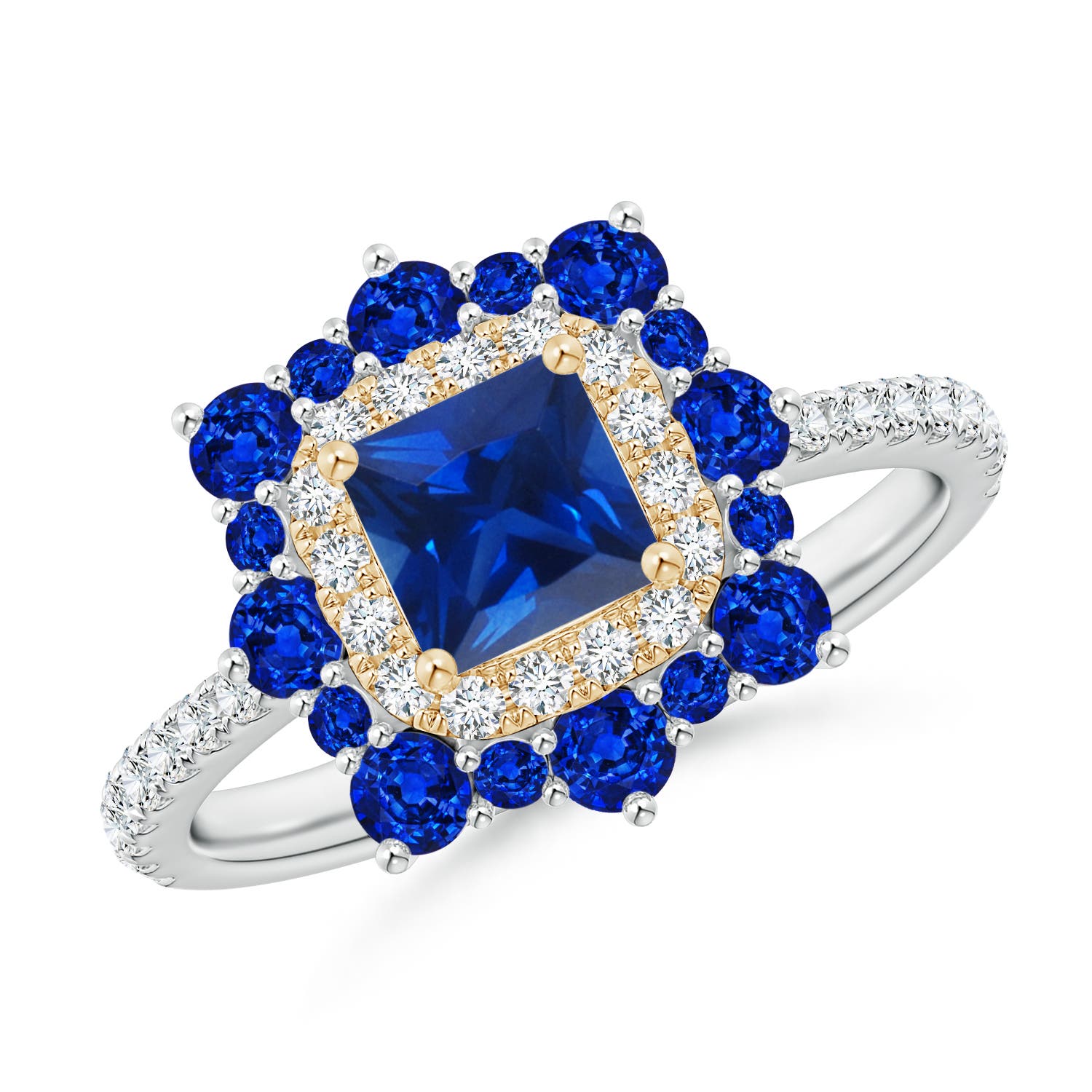 Square Sapphire Two Tone Ring with Ornate Double Halo