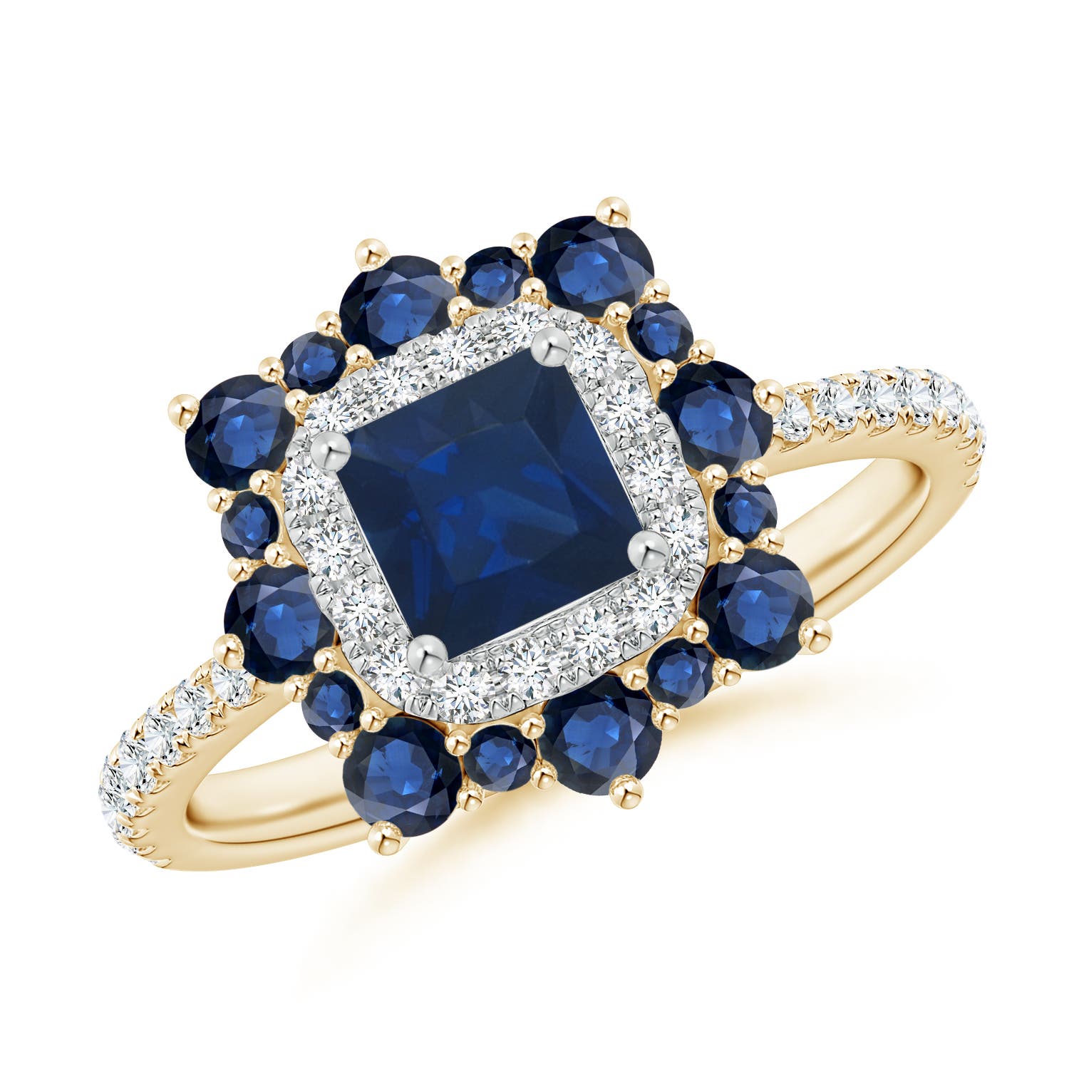 Square Sapphire Two Tone Ring with Ornate Double Halo