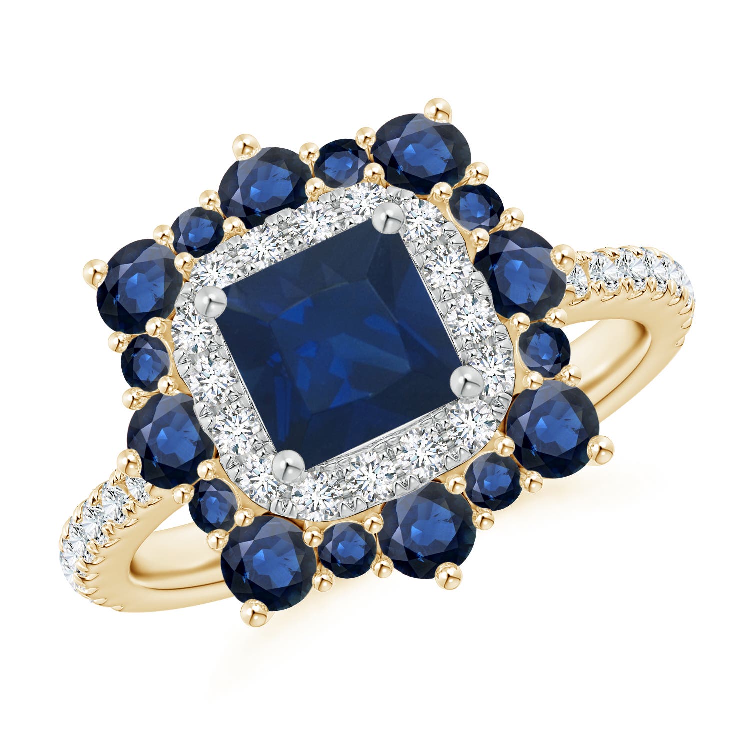 Square Sapphire Two Tone Ring with Ornate Double Halo