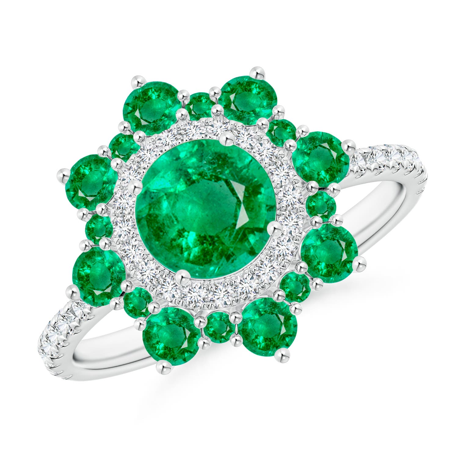 Round Emerald Two Tone Ring with Ornate Double Halo