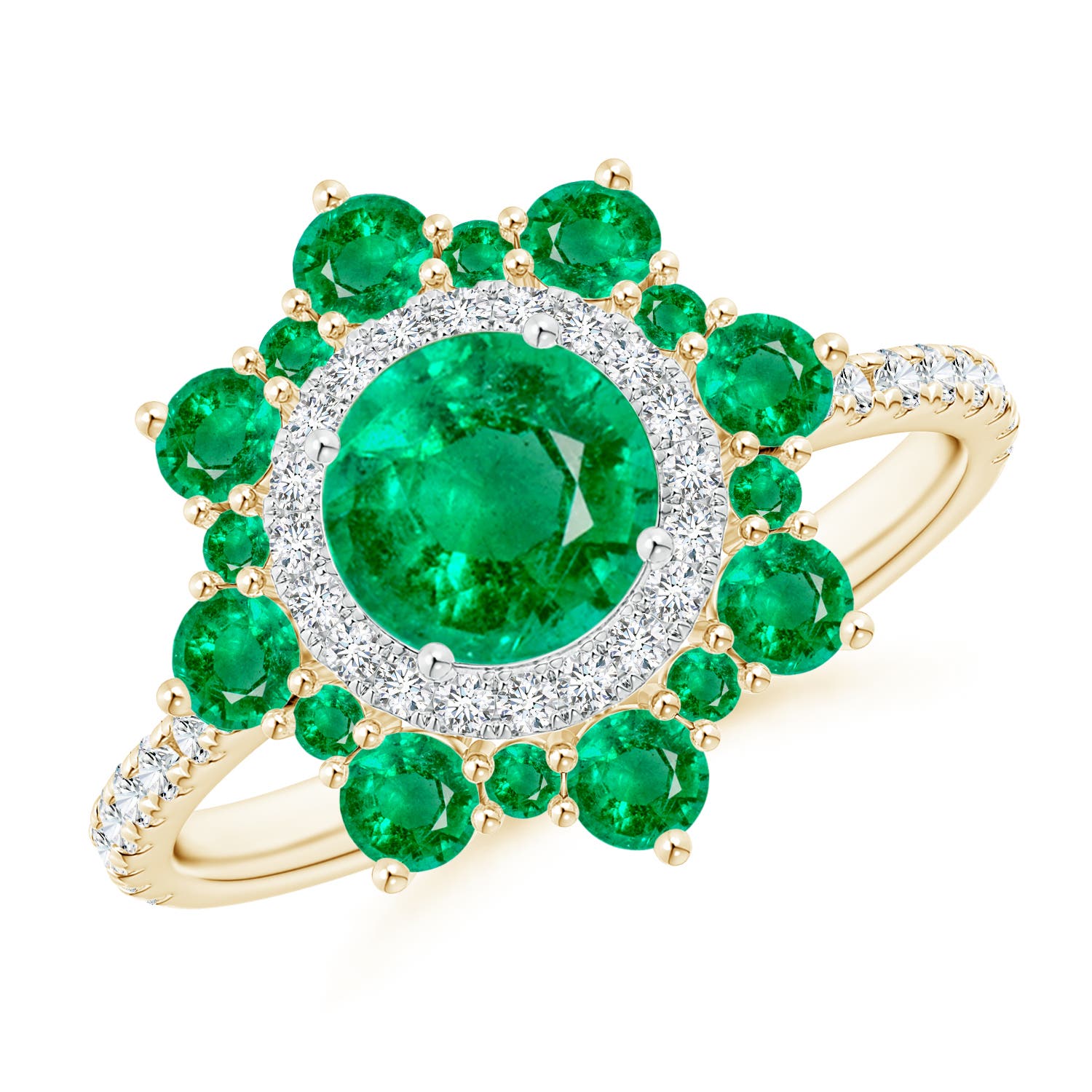 Round Emerald Two Tone Ring with Ornate Double Halo