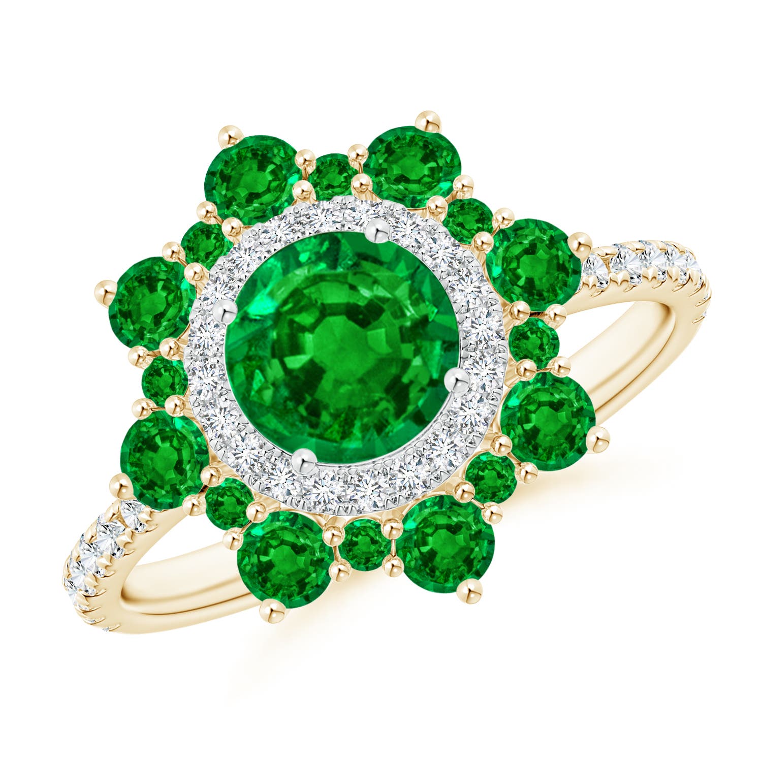 Round Emerald Two Tone Ring with Ornate Double Halo