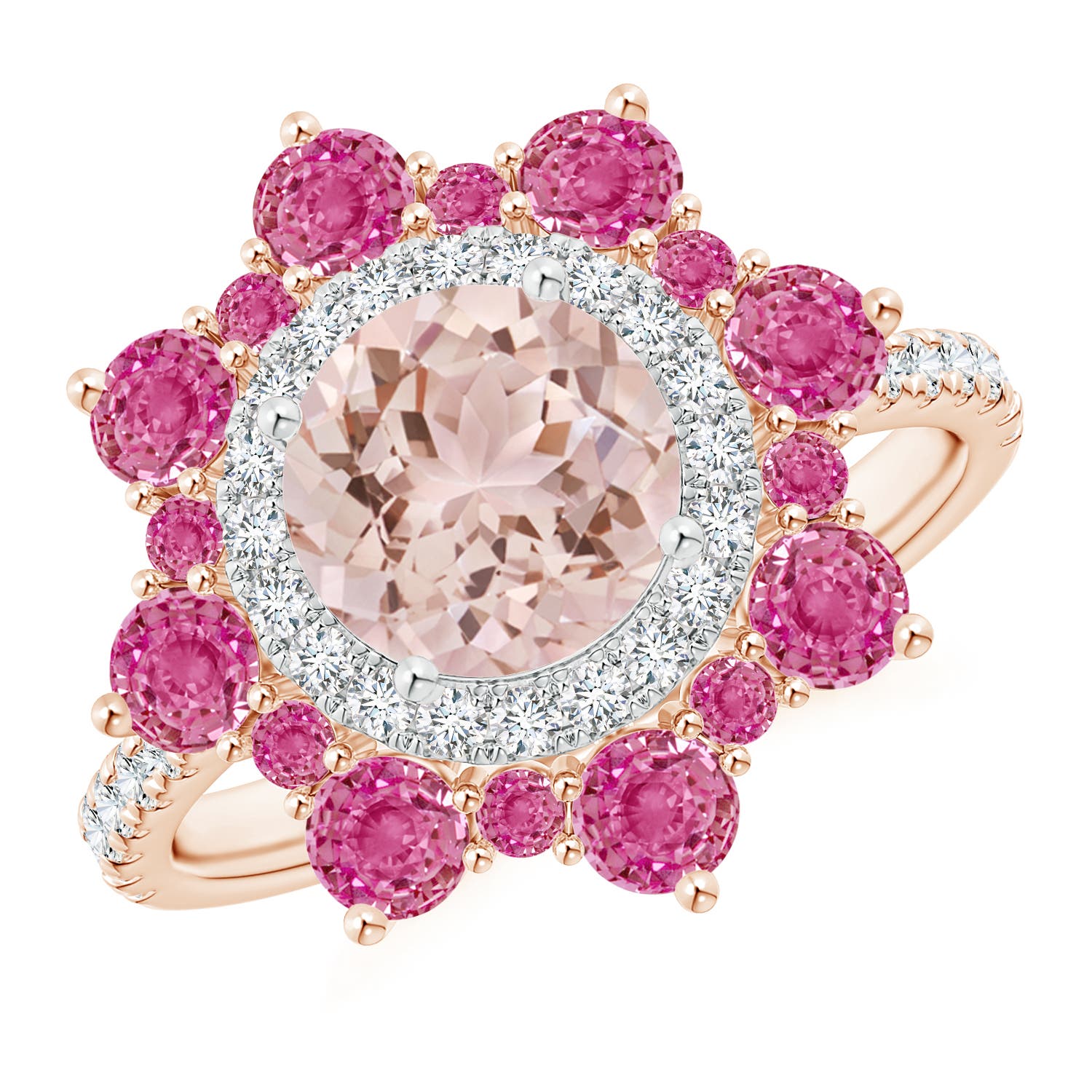 Round Morganite Two Tone Ring with Ornate Double Halo