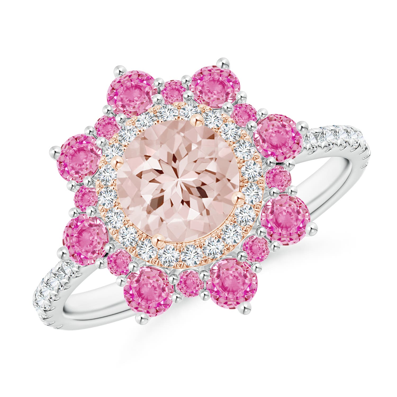 Round Morganite Two Tone Ring with Ornate Double Halo