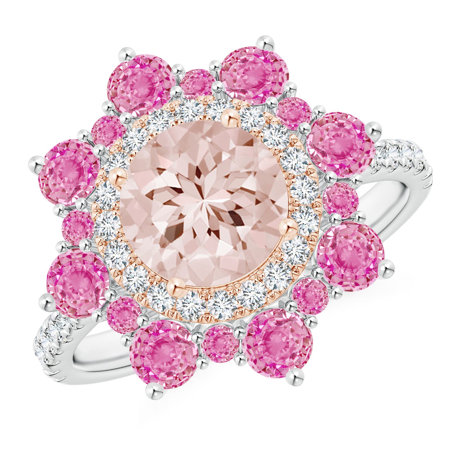 Round Morganite Two Tone Ring with Ornate Double Halo