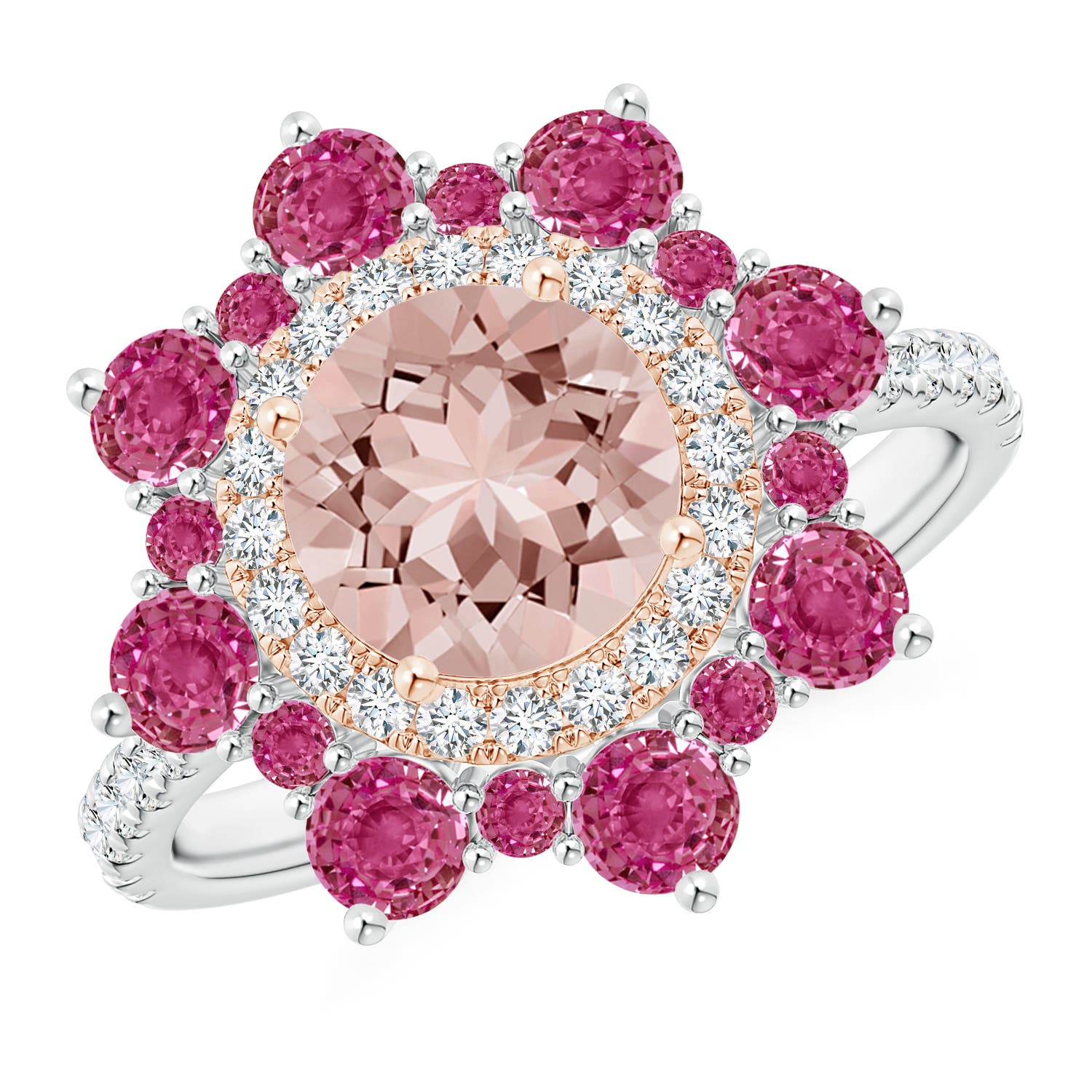 Round Morganite Two Tone Ring with Ornate Double Halo