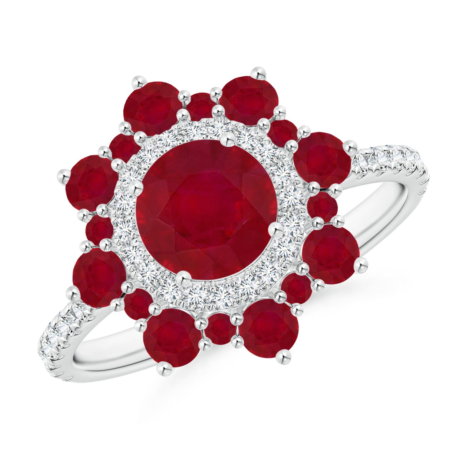 Round Ruby Two Tone Ring with Ornate Double Halo