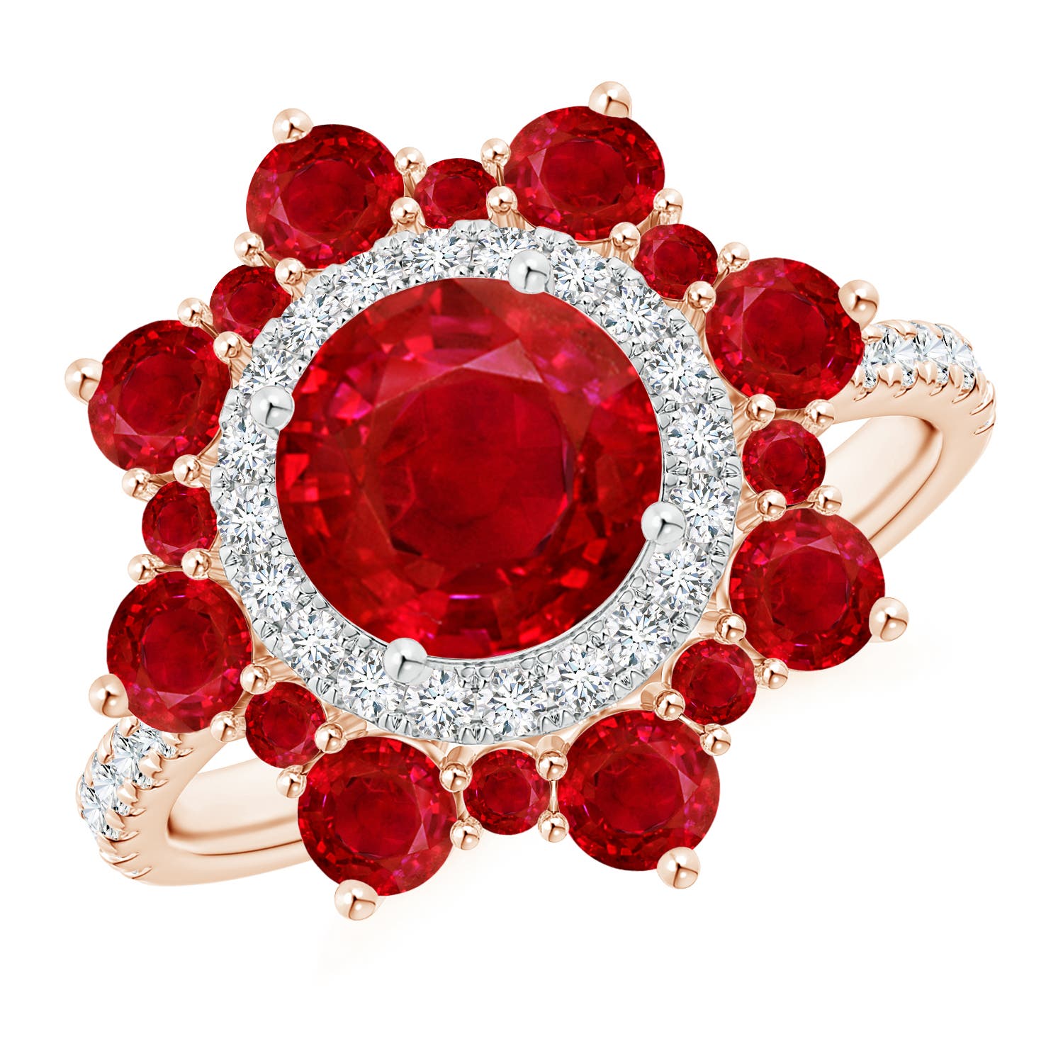 Round Ruby Two Tone Ring with Ornate Double Halo