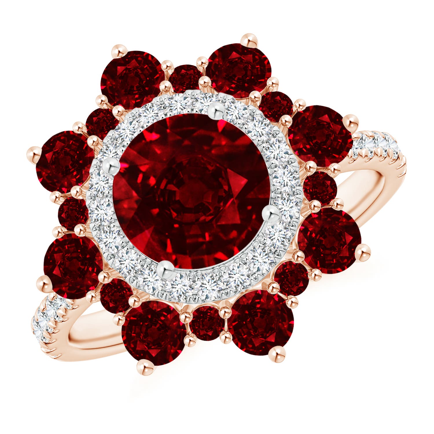 Round Ruby Two Tone Ring with Ornate Double Halo